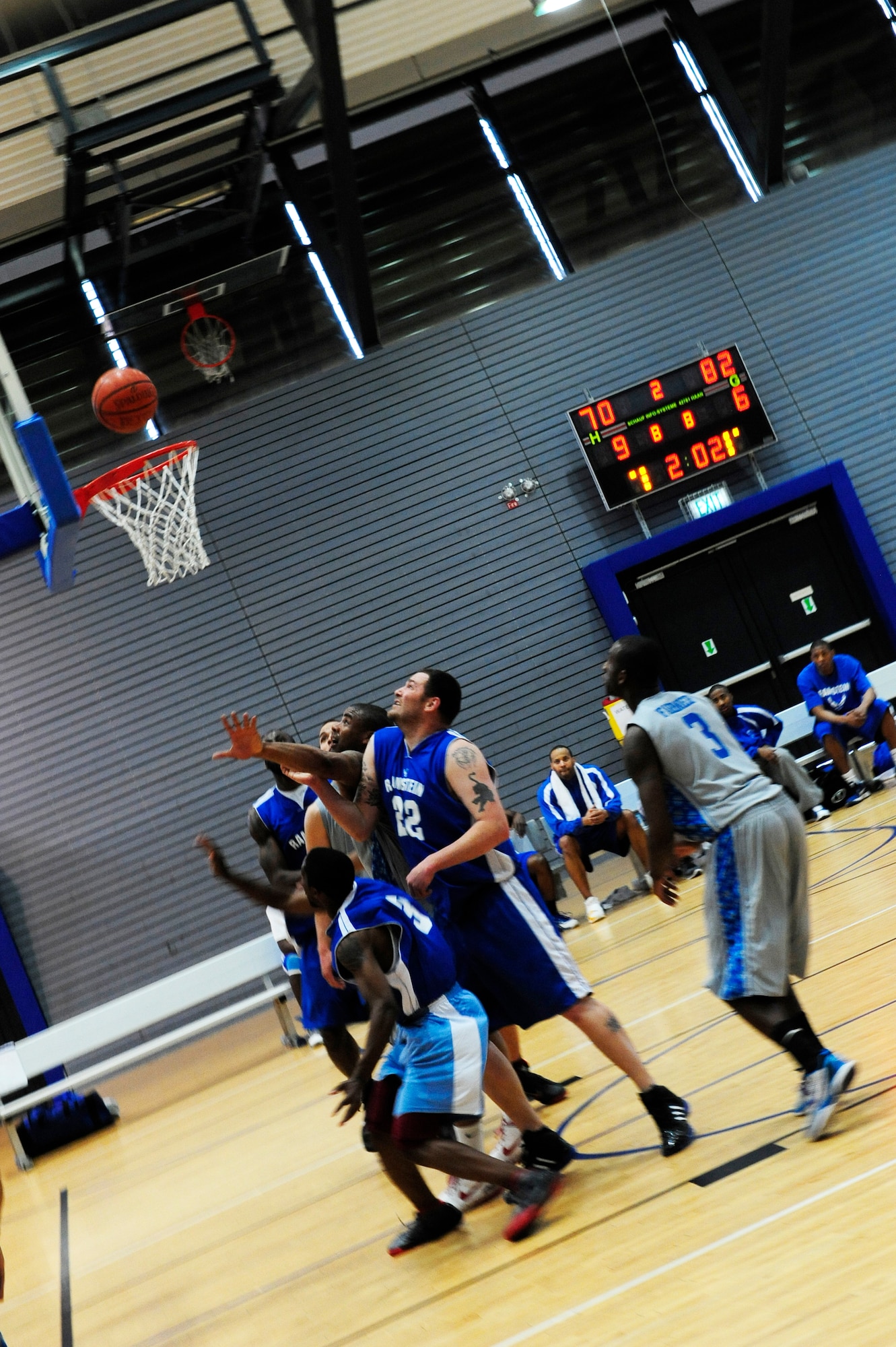 A member of the Ramstein Rams goes for a lay-up, during the championship game of the U.S. Forces in Europe basketball tournament, Ramstein Air Base, Germany, April 8, 2012. The Ramstein Rams defeated the Lakenheath Eagles 84 to 78 for the championship. Ramstein Rams won 7 total games, making them the only Ramstein team to win that many games in a tournament and sweep through all Army and Air Force tournaments offered throughout the year.  (U.S. Air Force photo/ Senior Airman Aaron-Forrest Wainwright)