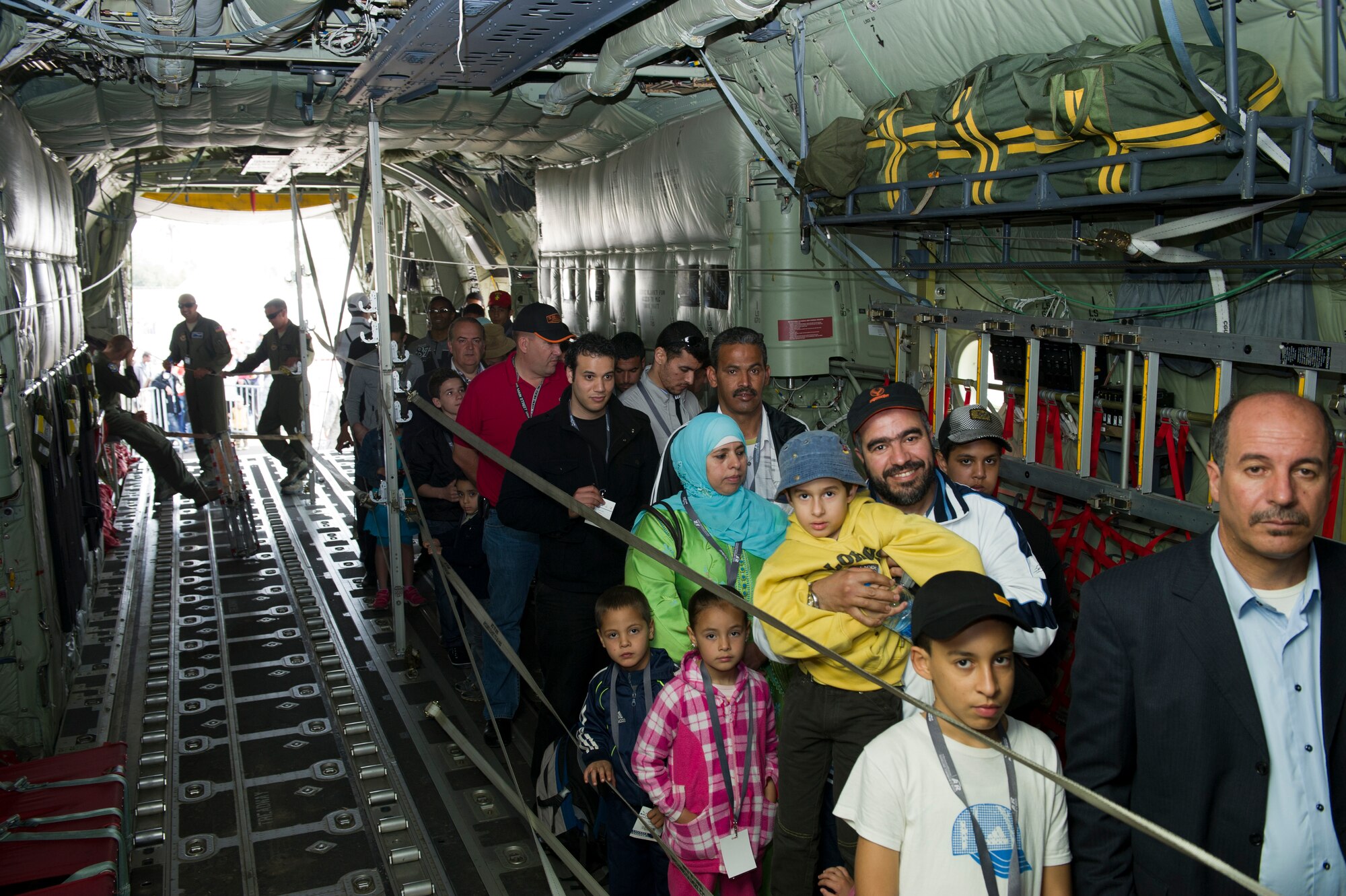 MARRAKECH, Morocco -- A crowd of people tour the inside of a U.S. Air Force C-130J Super Hercules at Aero Expo Marrakech 2012 April 7, 2012. U.S. Air Forces Africa participated in the third biennial Aeroexpo Marrakech to strengthen the partnerships with the nations involved and show commitment to security and stability in the region. (U.S. Air Force photo/Staff Sgt. Benjamin Wilson)