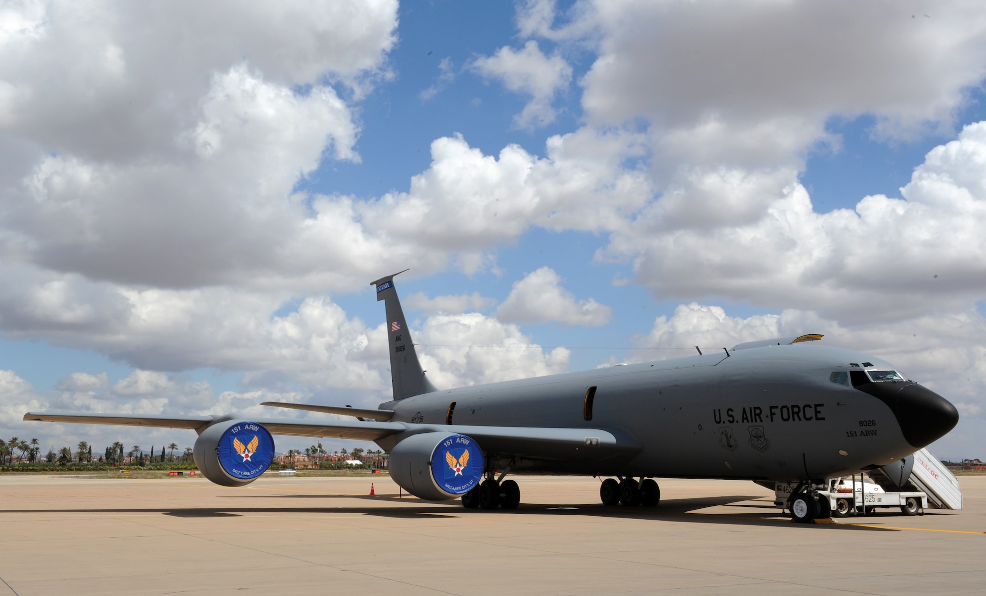 MARRAKECH, Morocco -- A KC-135 Stratotanker from the 151st Air Refueling Wing, Saltlake City, Utah, sits on the flightline at Aeroexpo Marrakech, April 5, 2012. U.S. Air Forces Africa is participating in the third biennial Aeroexpo Marrakech to strengthen the partnerships with the nations involved and show commitment to security and stability in the region. (U.S. Air Force photo/Staff Sgt. Benjamin Wilson)