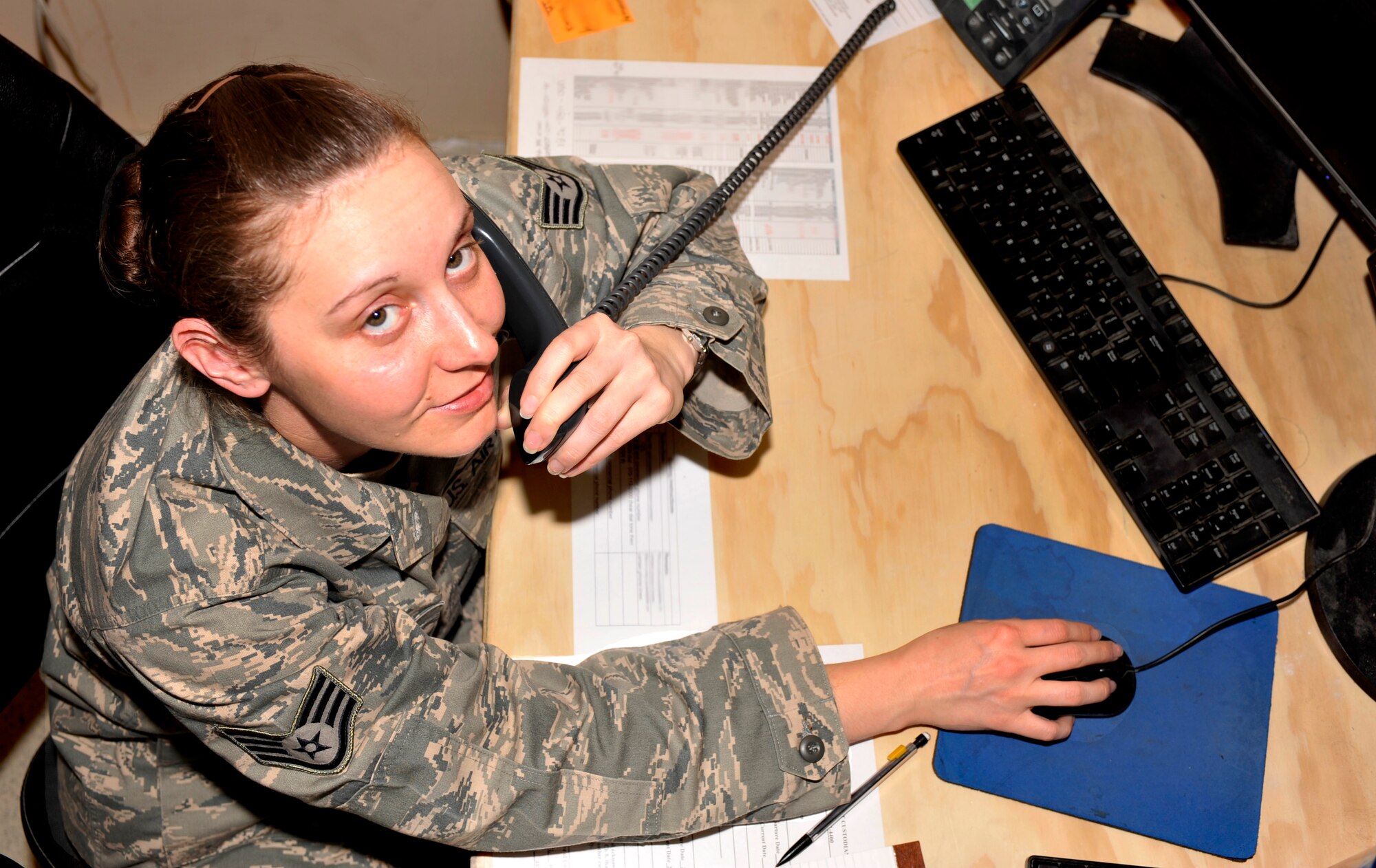 BAGRAM AIRFIELD, AFGHANISTAN-- Staff Sgt. Megan Seppala schedules a training session at Bagram Airfield, Afghanistan, April 10, 2012. Seppala is noncommissioned officer in charge of training with the 455th Air Expeditionary Wing and is deployed from Little Rock Air Force Base, Ark. (U.S. Air Force photo/Airman 1st Class Ericka Engblom)