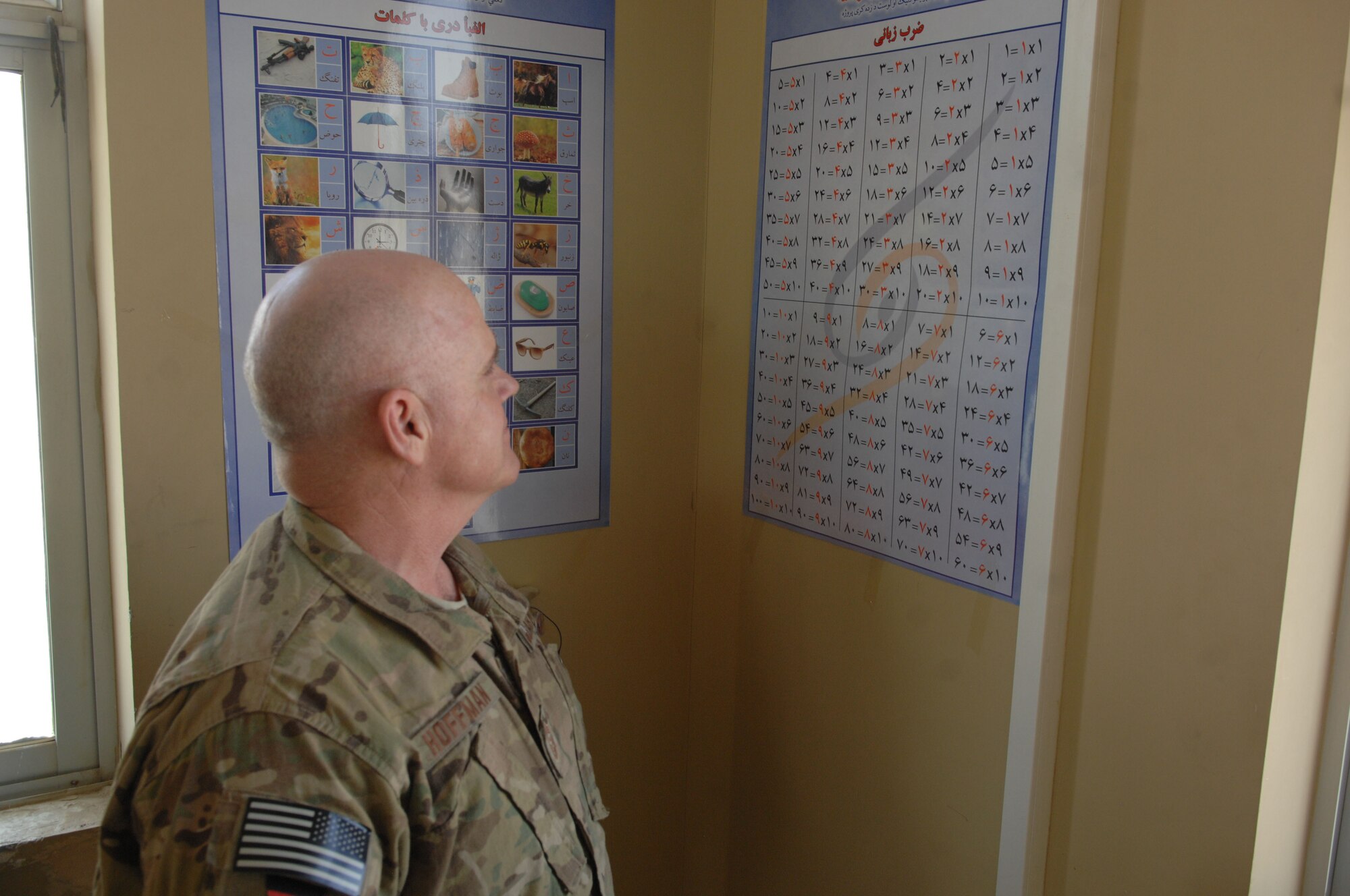 Chief Master Sgt. John Hoffman, 438th Air Expeditionary Wing command chief, looks at training posters in a literacy classroom during a battlefield circulation April 5 at Kandahar Airfield, Afghanistan.  (U.S. Air Force photo by Tech. Sgt. Jeremy Larlee)
