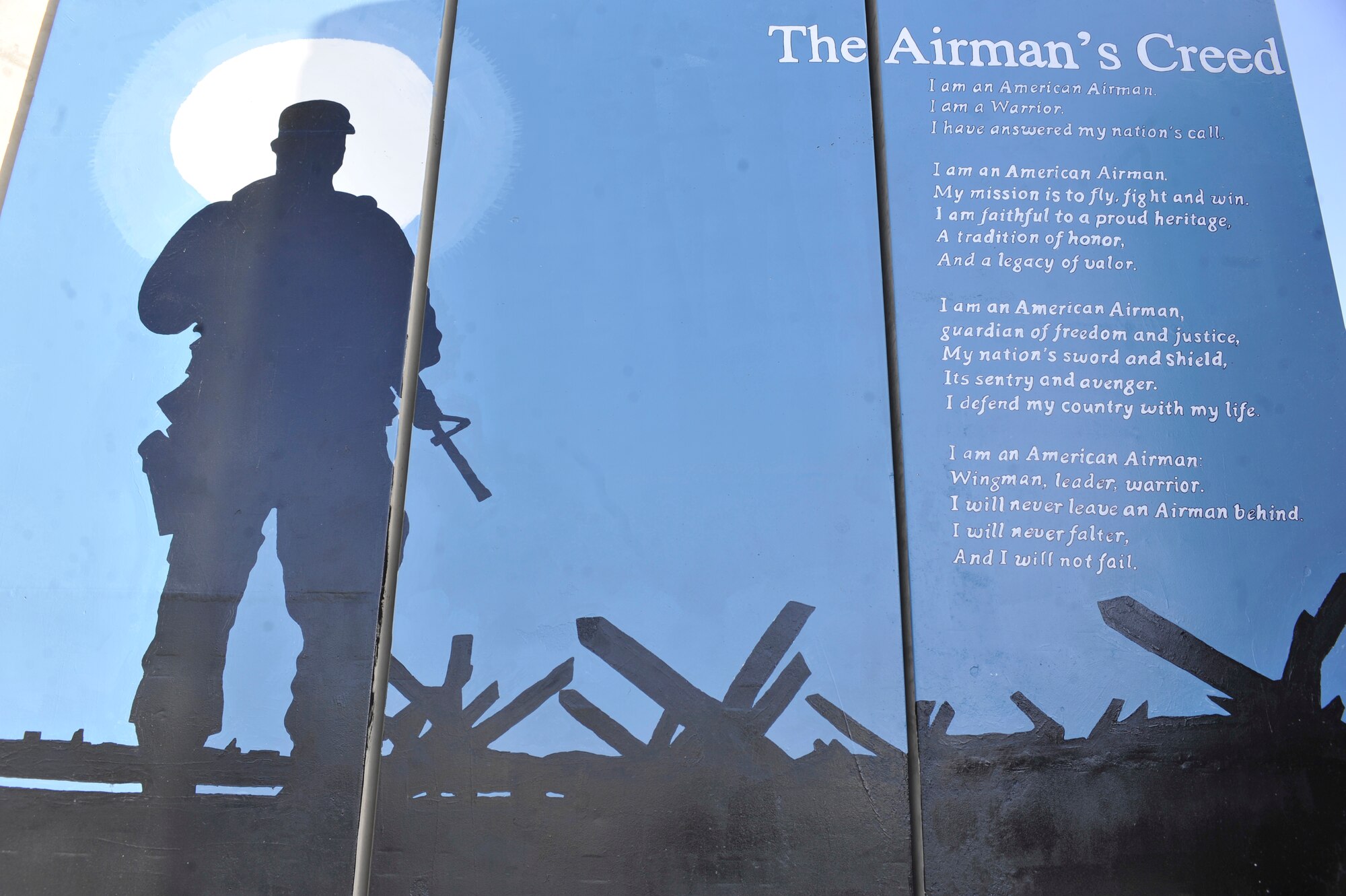 The Airman's Creed Wall stands tall at Bagram's Camp Cunningham. The Airman's Creed Wall project was completed on March 27, 2012. (U.S. Air Force Photo /Airman 1st Class Ericka Engblom)