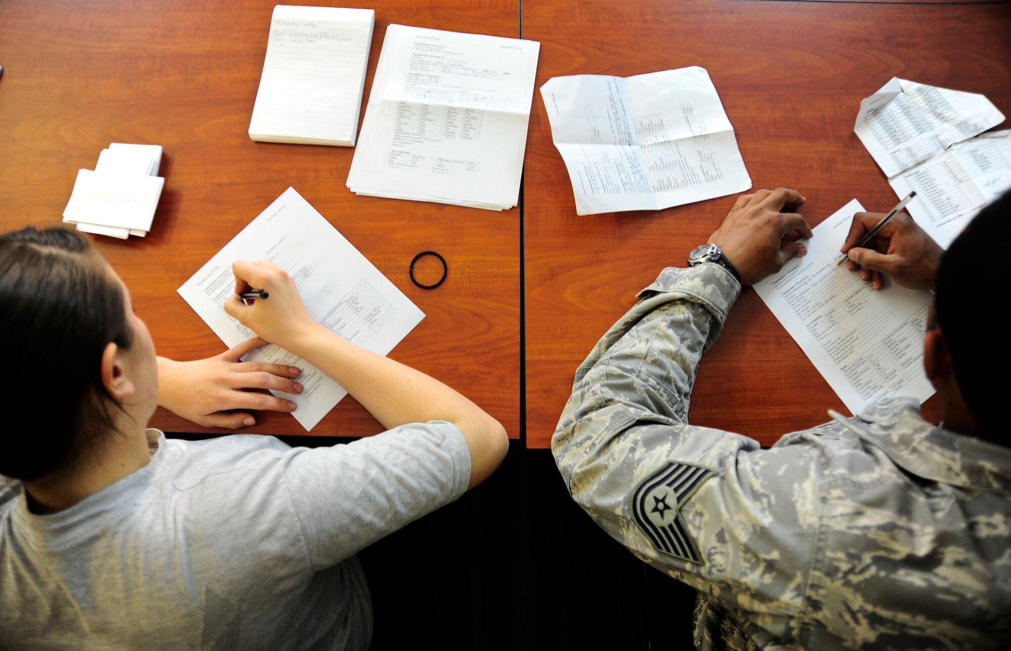 Senior Airman Jessica Mihalik and Tech. Sgt. Nicholas Hollis test their basic Russian language knowledge April 3, 2012, during a basic Russian language class at the Transit Center at Manas, Kyrgyzstan. The Russian class is designed to enable service members to engage in basic Russian conversations. Mihalik is a 376th Expeditionary Logistics Readiness Squadron vehicle maintenance technician deployed here from Ramstein Air Base, Germany. Hollis is a 376th ELRS petroleum, oil and lubricants distribution supervisor deployed here from Spangdahlem AB, Germany. (U.S. Air Force photo/Staff Sgt. Angela Ruiz)