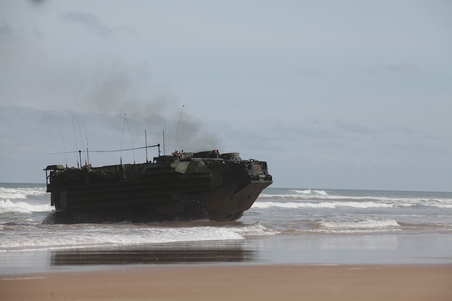 An amphibious assault vehicle from the AAV platoon of the 24th Marine Expeditionary Unit lands on the beach of Morocco, April 10, 2012, after "swimming" from the USS New York to participate in Exercise African Lion 12. The training allowed the Marines to introduce the Moroccan troops to the unique capabilities of the AAV and conduct training together to continue to build on the relationships between each service. This exercise is the first event for the 24th MEU and Iwo Jima Amphibious Ready Group, which deployed in March on a regularly scheduled deployment to serve as a theater reserve and crisis response force.