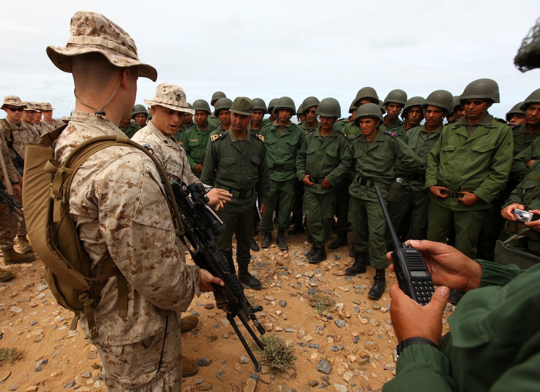 Marines from Alpha Company, Battalion Landing Team 1st Battalion, 2nd Marine Regiment, 24th Marine Expeditionary Unit, conduct classes on different weapons with members of the Royal Moroccan Armed Forces on a beach in Morocco April 10, 2012, during Exercise African Lion 12. The 24th MEU is participating in the exercise to continue to build on relationships between the U.S. and Moroccan forces and learn about each others militaries. This exercise is the first event for the 24th MEU and Iwo Jima Amphibious Ready Group, which deployed in March on a regularly scheduled deployment to serve as a theater reserve and crisis response force.