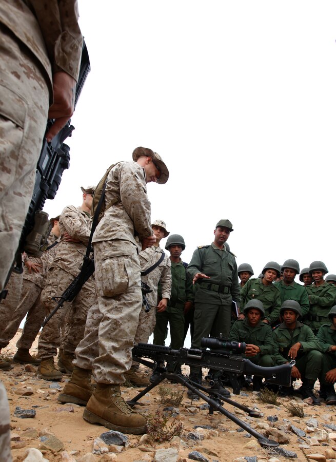 Marines from Alpha Company, Battalion Landing Team 1st Battalion, 2nd Marine Regiment, 24th Marine Expeditionary Unit, conduct classes on different weapons with members of the Royal Moroccan Armed Forces on a beach in Morocco April 10, 2012, during Exercise African Lion 12. The 24th MEU is participating in the exercise to continue to build on relationships between the U.S. and Moroccan forces and learn about each others militaries. This exercise is the first event for the 24th MEU and Iwo Jima Amphibious Ready Group, which deployed in March on a regularly scheduled deployment to serve as a theater reserve and crisis response force.