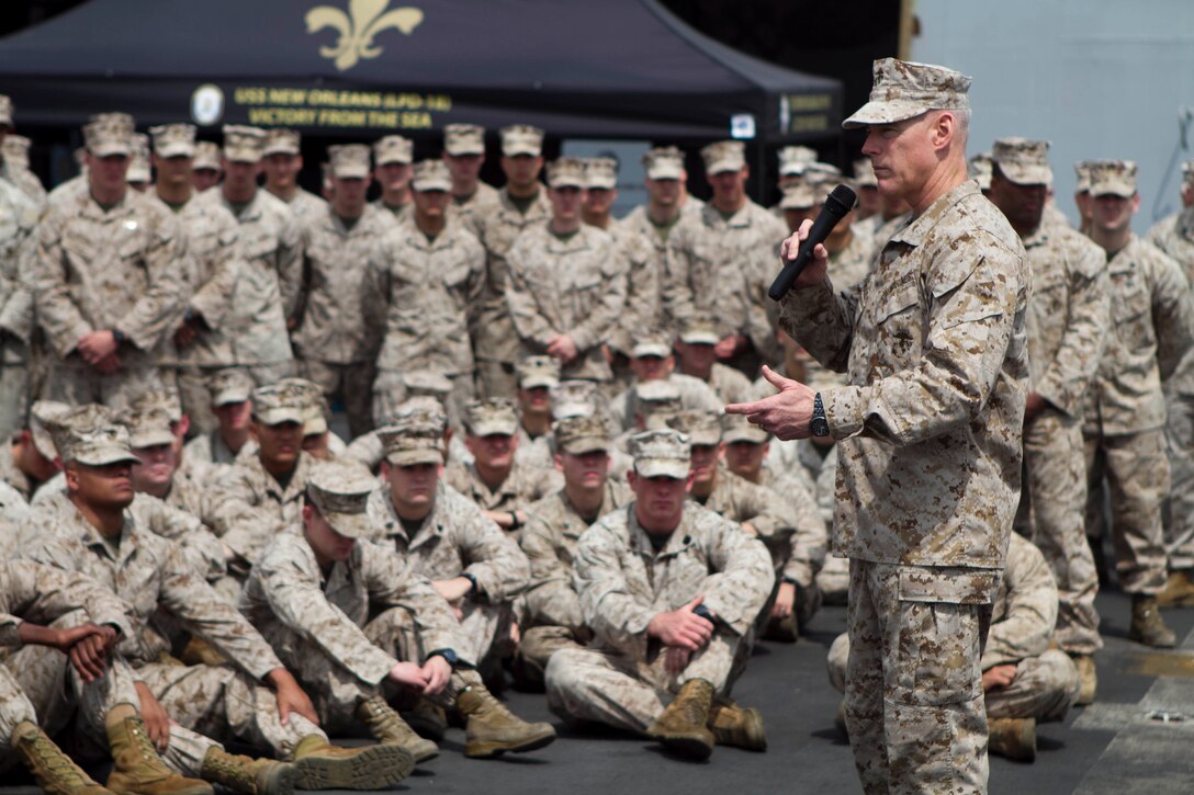 Brig. Gen. Brian D. Beaudreault, deputy commander for Marine Forces Central Command, talks to Marines with the 11th Marine Expeditionary Unit during a visit aboard USS New Orleans April 10. The unit is deployed as part of the Makin Island Amphibious Ready Group, a U.S. Central Command theater reserve force. The group is providing support for maritime security operations and theater security cooperation efforts in the U.S. Navy's 5th Fleet area of responsibility.