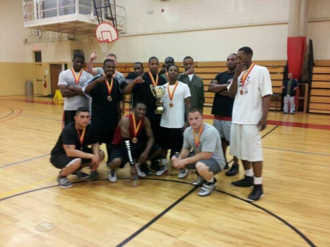 The 5/10 Marines basketball team poses for a photo after winning the 2012 Men’s Intramural Basketball League championship aboard Marine Corps Base Camp Lejeune, N.C.