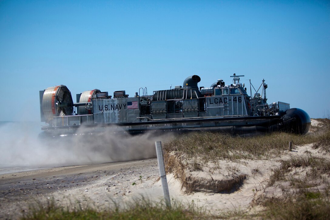 A Landing Craft Air Cushion is navigated toward the shore of Onslow Beach, N.C., April 11, 2012. The 26th MEU is currently providing support to the Commemoration of the Battle of New Orleans. Starting this April and continuing through 2015, the U.S. Navy, U.S. Marine Corps and U.S. Coast Guard will commemorate the Bicentennial of the War of 1812 and the Star Spangled Banner. The War of 1812 celebration will Commemorate the rich Naval history and showcase the capabilities of today's Navy-Marine Corps team. (U.S. Marine Corps photo by Cpl. Christopher Q. Stone/Released)