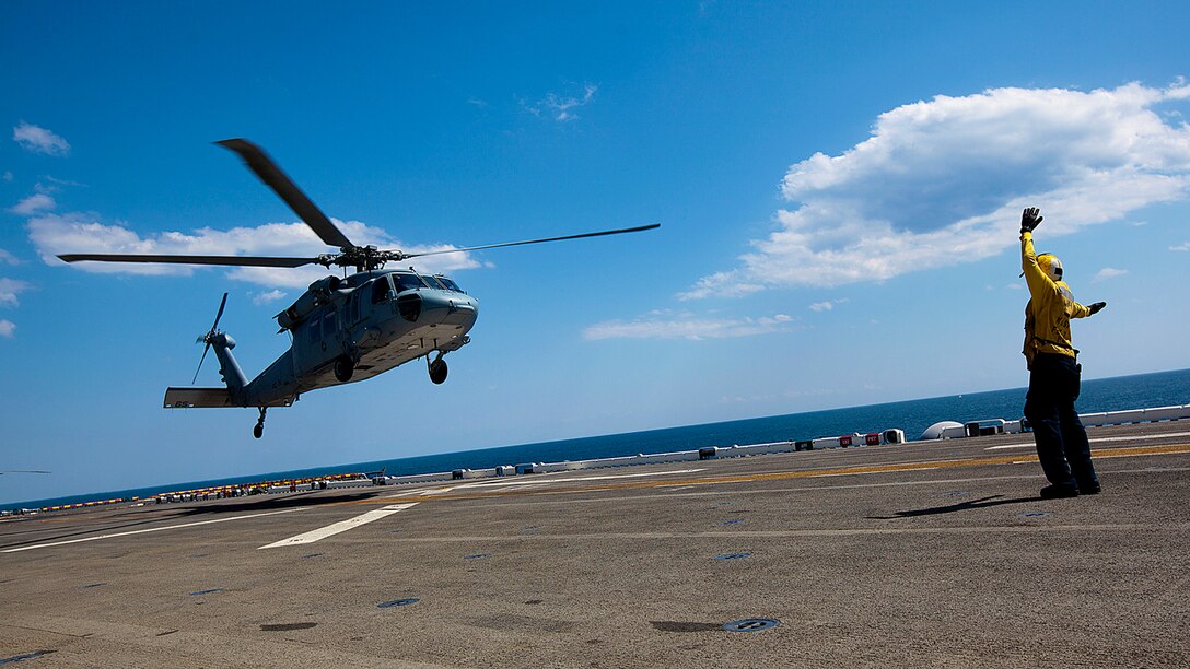 A U.S. Navy MH-60 Sea Hawk takes off from USS Wasp (LHD-1) off the coast of , N.C., April 11, 2012. The 26th Marine Expeditionary Unit is currently providing support to the Commemoration of the Battle of New Orleans. Starting this April and continuing through 2015, the U.S. Navy, U.S. Marine Corps and U.S. Coast Guard will commemorate the Bicentennial of the War of 1812 and the Star Spangled Banner. The War of 1812 celebration will Commemorate the rich Naval history and showcase the capabilities of today's Navy-Marine Corps team. (U.S. Marine Corps photo by Cpl. Christopher Q. Stone/Released)::r::::n::::r::::n::::r::::n::