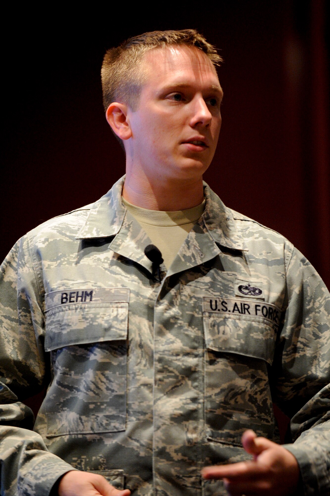 VANDENBERG AIR FORCE BASE, Calif.-- Staff Sgt. Robert Behm, Jr., assigned to the 43rd Aircraft Maintenance Squadron at Pope Air Force Base, N.C., talks about getting charged with driving under the influence and how his life has changed at a briefing at the base theater here Wednesday, April 11, 2012. Behm is part of the Airman-to-Airman Safety Advisory Council, which uses the experiences of Airmen to communicate to their peers the consequences of their choices and help others avoid repeating the same mistakes. (U.S. Air Force photo/Staff Sgt. Levi Riendeau)