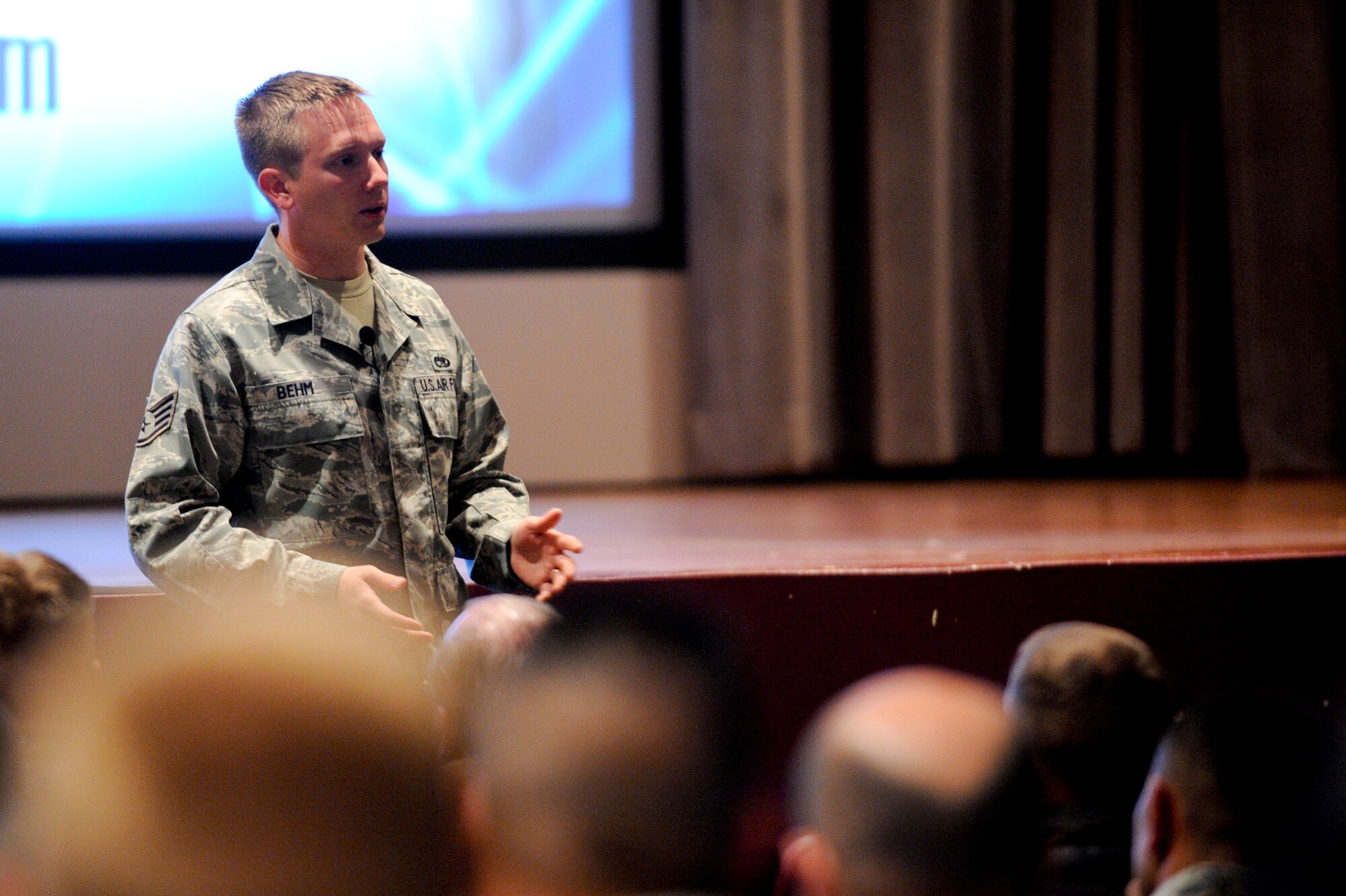 VANDENBERG AIR FORCE BASE, Calif.-- Staff Sgt. Robert Behm, Jr., assigned to the 43rd Aircraft Maintenance Squadron at Pope Air Force Base, N.C., talks about getting charged with driving under the influence and how his life has changed at a briefing at the base theater here Wednesday, April 11, 2012. Behm is part of the Airman-to-Airman Safety Advisory Council, which uses the experiences of Airmen to communicate to their peers the consequences of their choices and help others avoid repeating the same mistakes. (U.S. Air Force photo/Staff Sgt. Levi Riendeau)