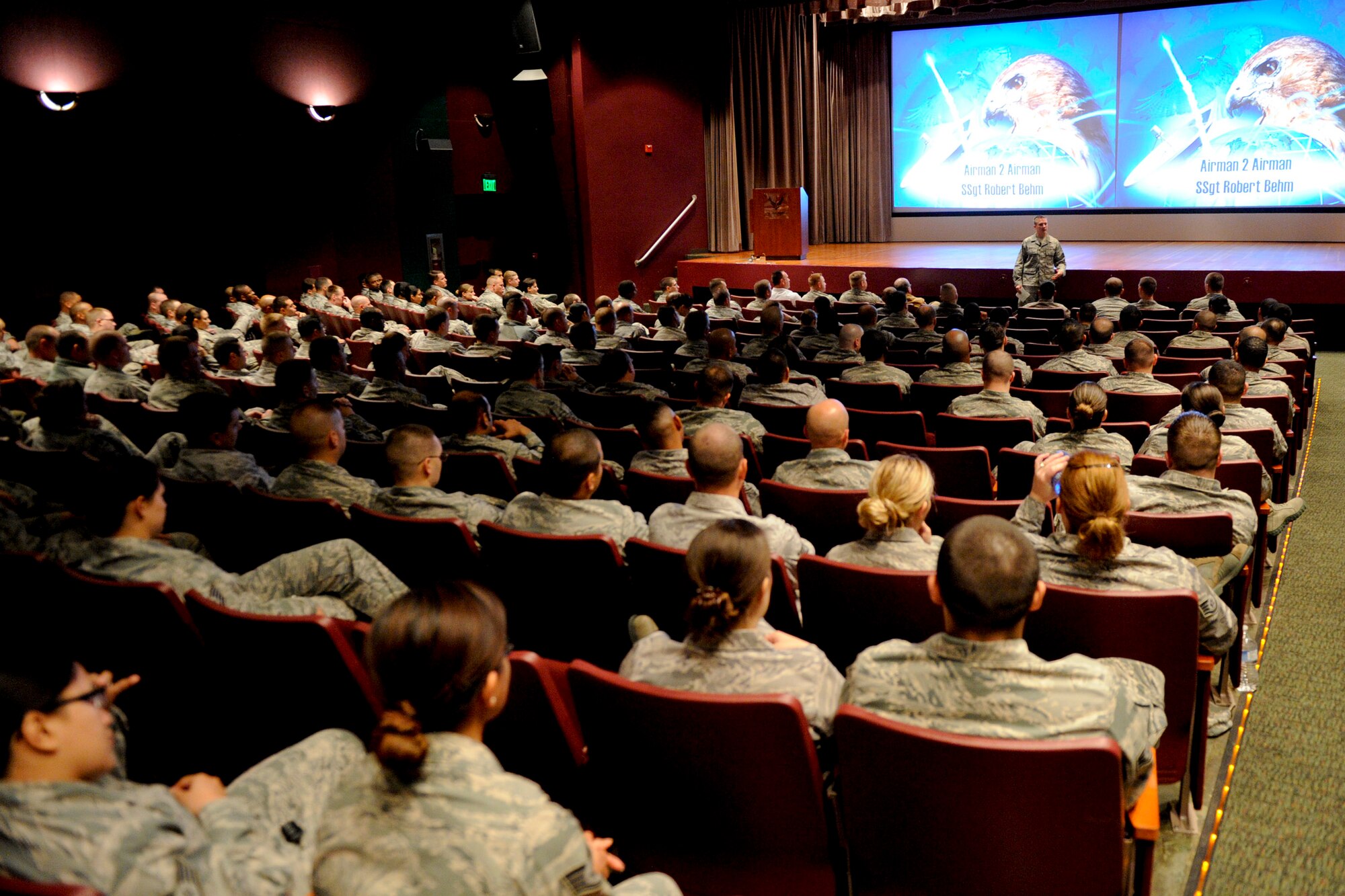 VANDENBERG AIR FORCE BASE, Calif.-- Staff Sgt. Robert Behm, Jr., assigned to the 43rd Aircraft Maintenance Squadron at Pope Air Force Base, N.C., talks about getting charged with driving under the influence and how his life has changed at a briefing at the base theater here Wednesday, April 11, 2012. Behm is part of the Airman-to-Airman Safety Advisory Council, which uses the experiences of Airmen to communicate to their peers the consequences of their choices and help others avoid repeating the same mistakes. (U.S. Air Force photo/Staff Sgt. Levi Riendeau)