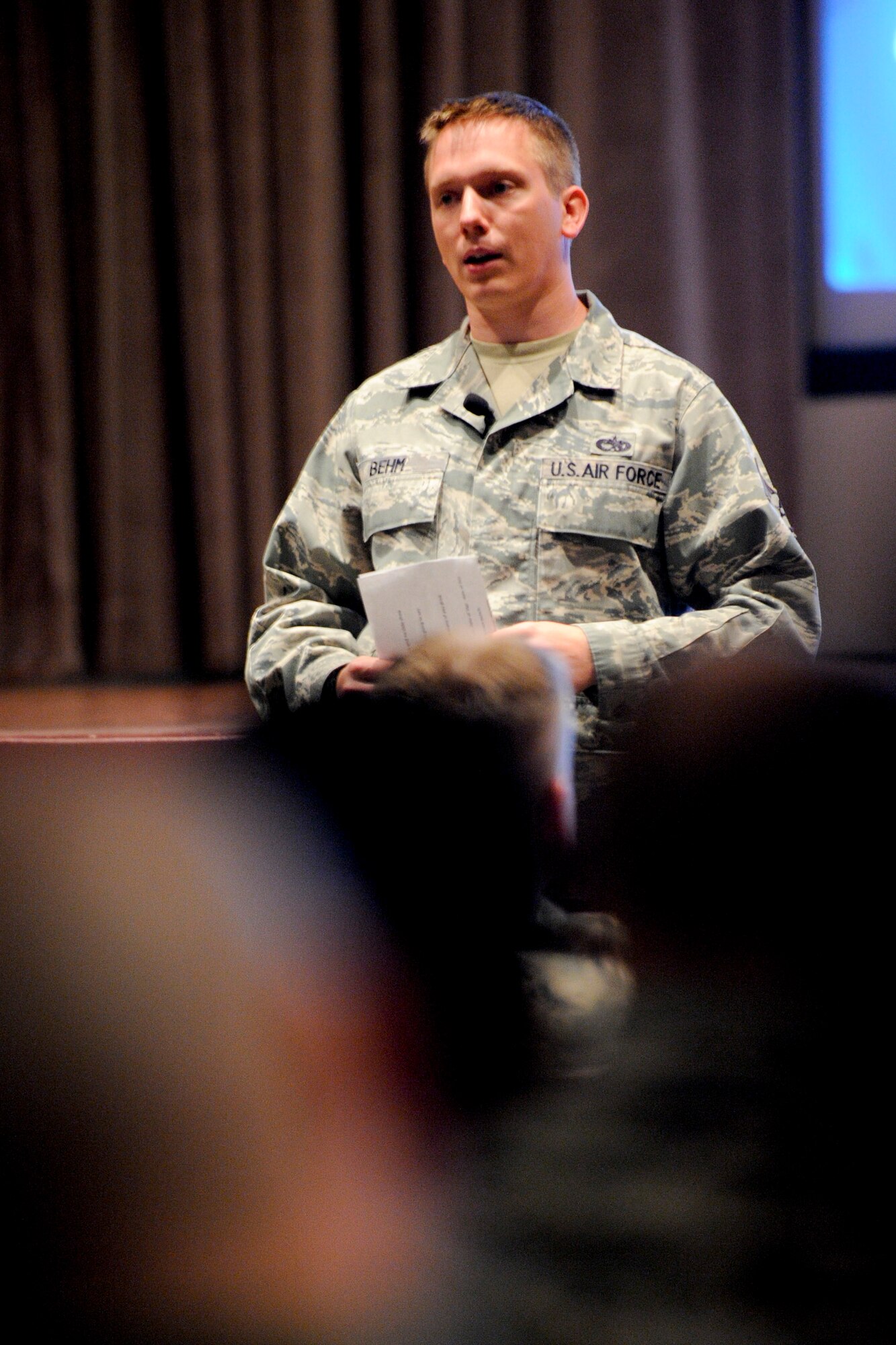 VANDENBERG AIR FORCE BASE, Calif.-- Staff Sgt. Robert Behm, Jr., assigned to the 43rd Aircraft Maintenance Squadron at Pope Air Force Base, N.C., talks about getting charged with driving under the influence and how his life has changed at a briefing at the base theater here Wednesday, April 11, 2012. Behm is part of the Airman-to-Airman Safety Advisory Council, which uses the experiences of Airmen to communicate to their peers the consequences of their choices and help others avoid repeating the same mistakes. (U.S. Air Force photo/Staff Sgt. Levi Riendeau)