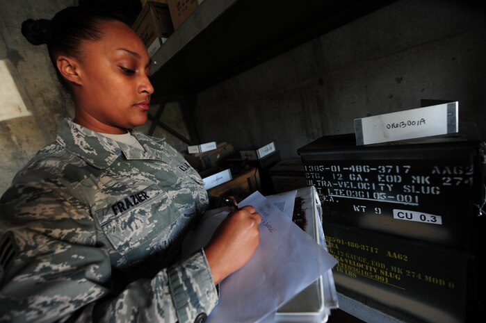 Senior Airman Caprice Frazier takes inventory at Joint Base Charleston - Air Base Munitions Center April 10. The 437th Maintenance Group Munitions office is responsible for more than $15 million dollars worth of munitions. Frazier is a munitions accountability technician with the 437th MXG. (U.S. Air Force photo/Staff Sgt. Katie Gieratz)
