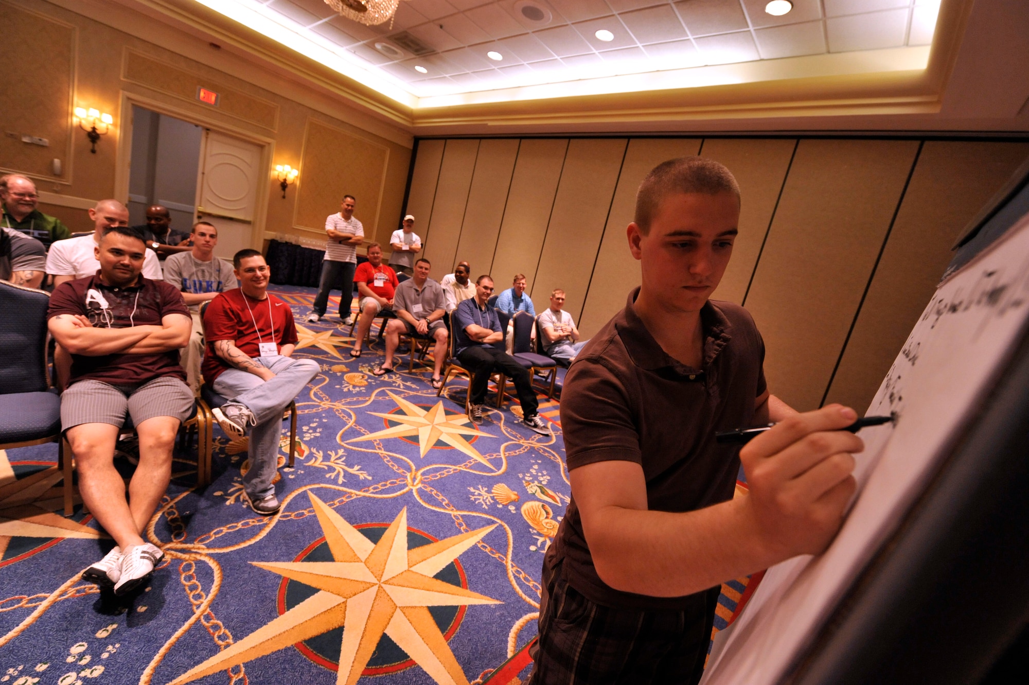 HILTON HEAD, S.C. - Airman 1st Class Corbin Trusdle, an information assurance technician with the 20th Communications Squadron, Shaw AFB, S.C. writes down a list of annoyances husbands notice about their wives with the help of other male spouses attending a marriage retreat at the Crowne Plaza Hotel in Hilton Head, S.C. on March 31, 2012. Wives gathered their list of annoyances in another room as more than 20 couples attended the three-day marriage care seminar sponsored by the chaplain corps of Shaw Air Force Base, S.C.  (U.S.  Air Force photo by Master Sgt. Cohen A. Young/Released)