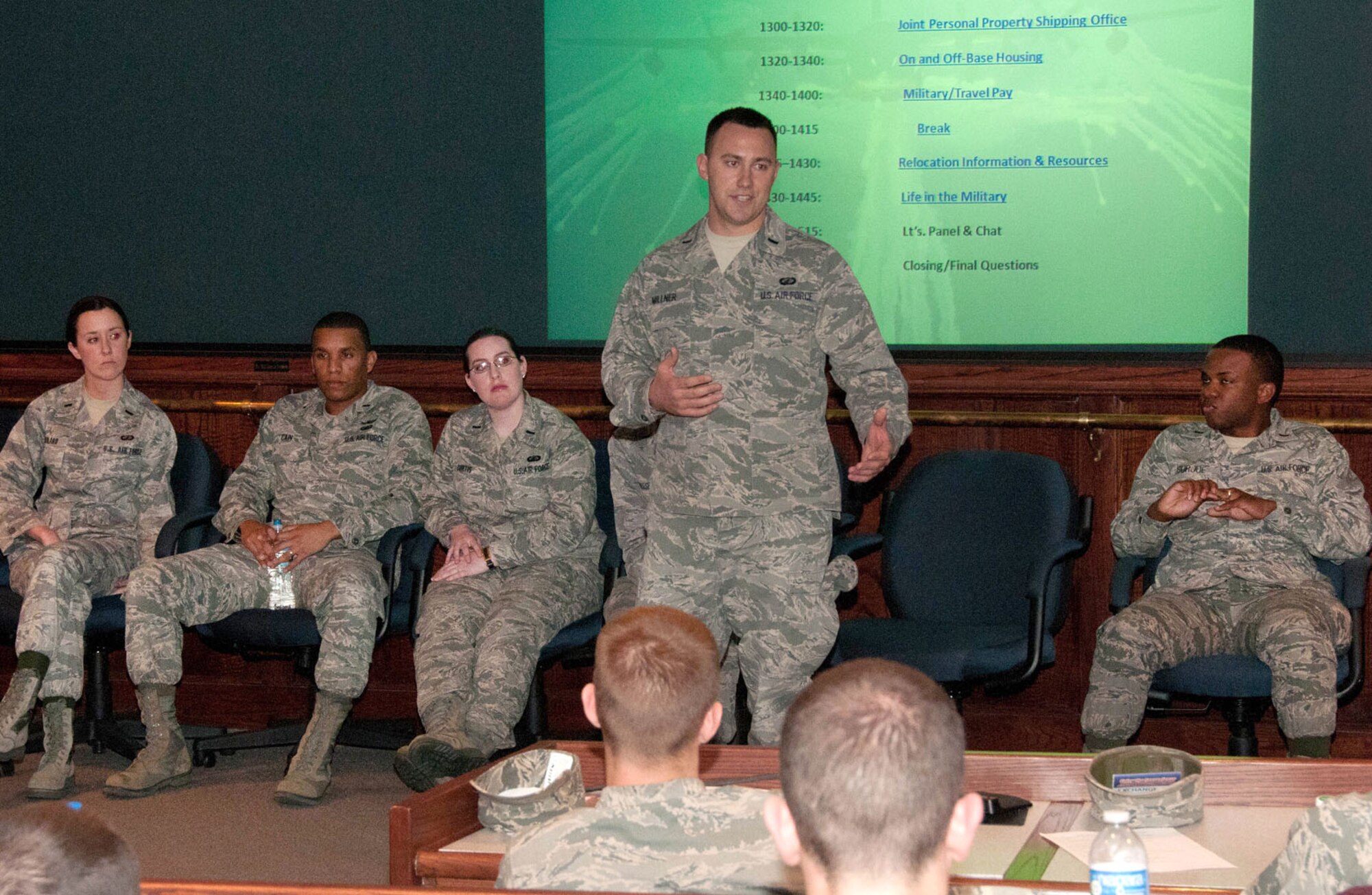 HANSCOM AIR FORCE BASE, Mass. – First Lt. Sean Millner (standing) speaks to cadets during the Air Force ROTC Smooth Move seminar at the Hanscom Conference Center April 6. In addition to hosting a lieutenant panel, the seminar, targeted toward cadets who are graduating this year, included sessions about the Military Personnel Section, housing, relocation information and more. (U.S. Air Force photo by Linda LaBonte Britt) 