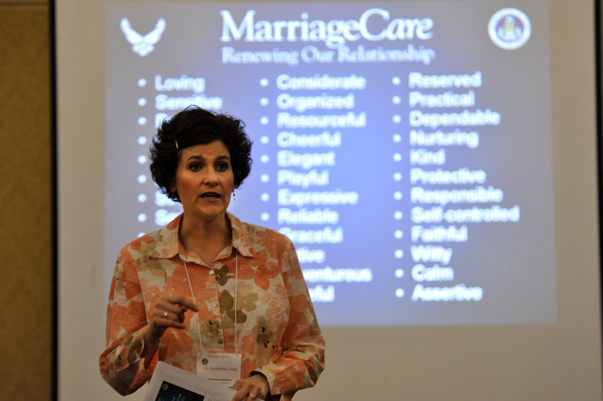 HILTON HEAD, S.C. - Capt. Kathy Scott, a chaplain with the 20th Fighter Wing chaplain corps, conducts a lecture to airmen and their spouses during a marriage retreat at the Crowne Plaza Hotel in Hilton Head, S.C. on March 31, 2012. More than 20 couples attended a three-day marriage care seminar sponsored by the chaplain corps of Shaw Air Force Base, S.C.  Participants ranged from one month of marriage to 24 years. (U.S.  Air Force photo by Master Sgt. Cohen A. Young/Released)