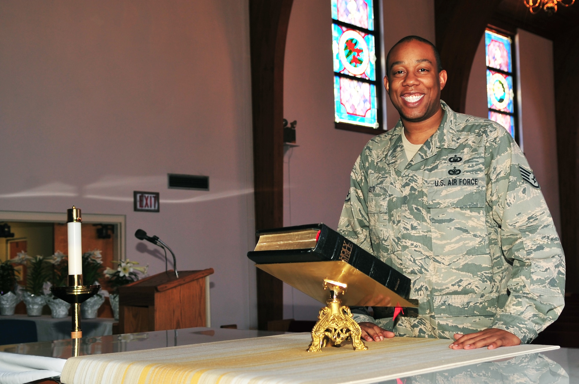 U.S. Air Force Staff Sgt. Jamyal Lett, 20th Fighter Wing chaplain assistant, poses for a photo at the Shaw Chapel, Shaw Air Force Base, S.C., April 10, 2012. Lett is Shaw Spotlight for the week of April 9 through April 13. (U.S. Air Force photo by Airman 1st Class Ashley L. Gardner/ Released)