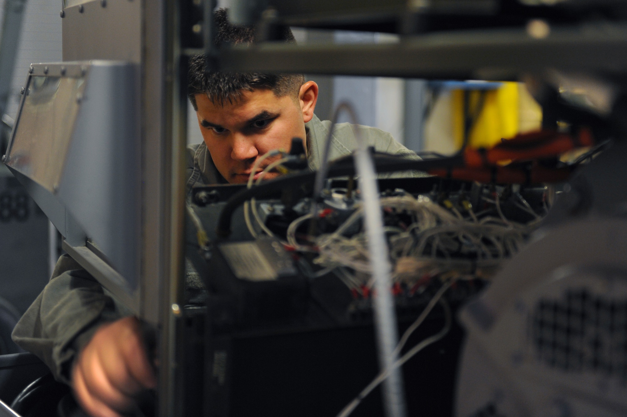 U.S. Air Force Staff Sgt. Michael Bayer, 763rd Maintenance Squadron aerospace ground equipment craftsman, conducts preventative maintenance on a A/M32A-86 generator April 9, 2012 at Nellis Air Force Base, Nev. A/M32A-86 mobile diesel generators are used for providing electrical power to aircraft while being serviced on the flightline.  (U.S. Air Force photo by Staff Sgt. William P.Coleman)
  

