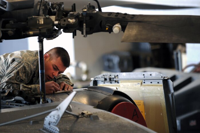 U.S. Air Force Airman 1st Class Robert Wainwright, 763rd Maintenance Squadron crew chief, documents the operating hours of  an HH-60 Pave Hawk helicopter engine April 6, 2012 at Nellis Air Force Base, Nev.  The 763rd Maintenance Squadron plans, schedules and directs both scheduled and unscheduled preventative maintenance to maintain mission-ready status.  (U.S. Air Force photo by Staff Sgt. William P.Coleman)  