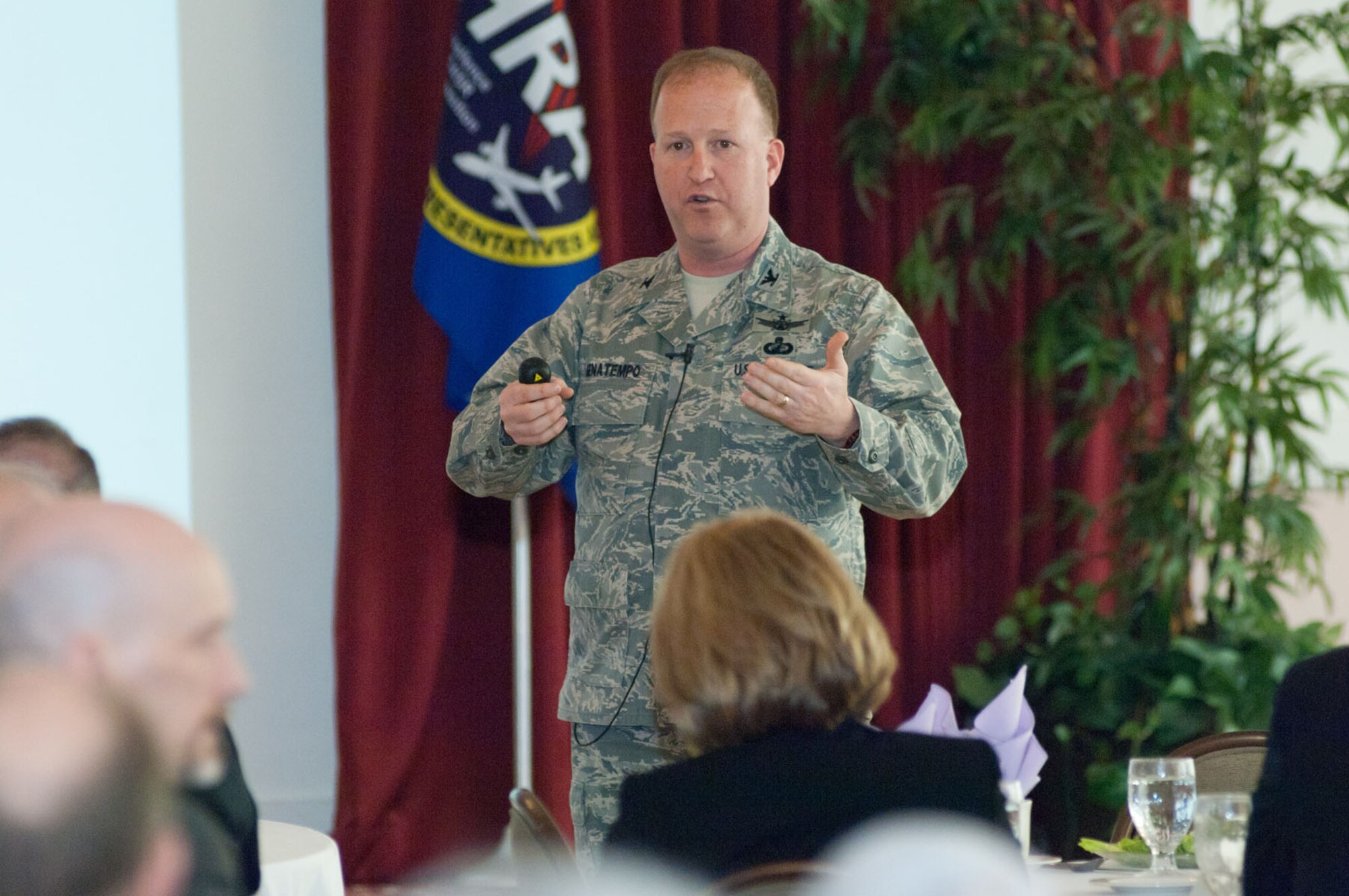 HANSCOM AIR FORCE BASE, Mass. - Col. Anthony Genatempo, Airborne Network Division senior materiel leader, speaks to the  Hanscom Representatives Association during a luncheon meeting April 5 at the Minuteman Commons. Genatempo highlighted upcoming changes to the division, business opportunities and the Air Force process for quick reaction capability programs. (U.S. Air Force photo by Rick Berry)
