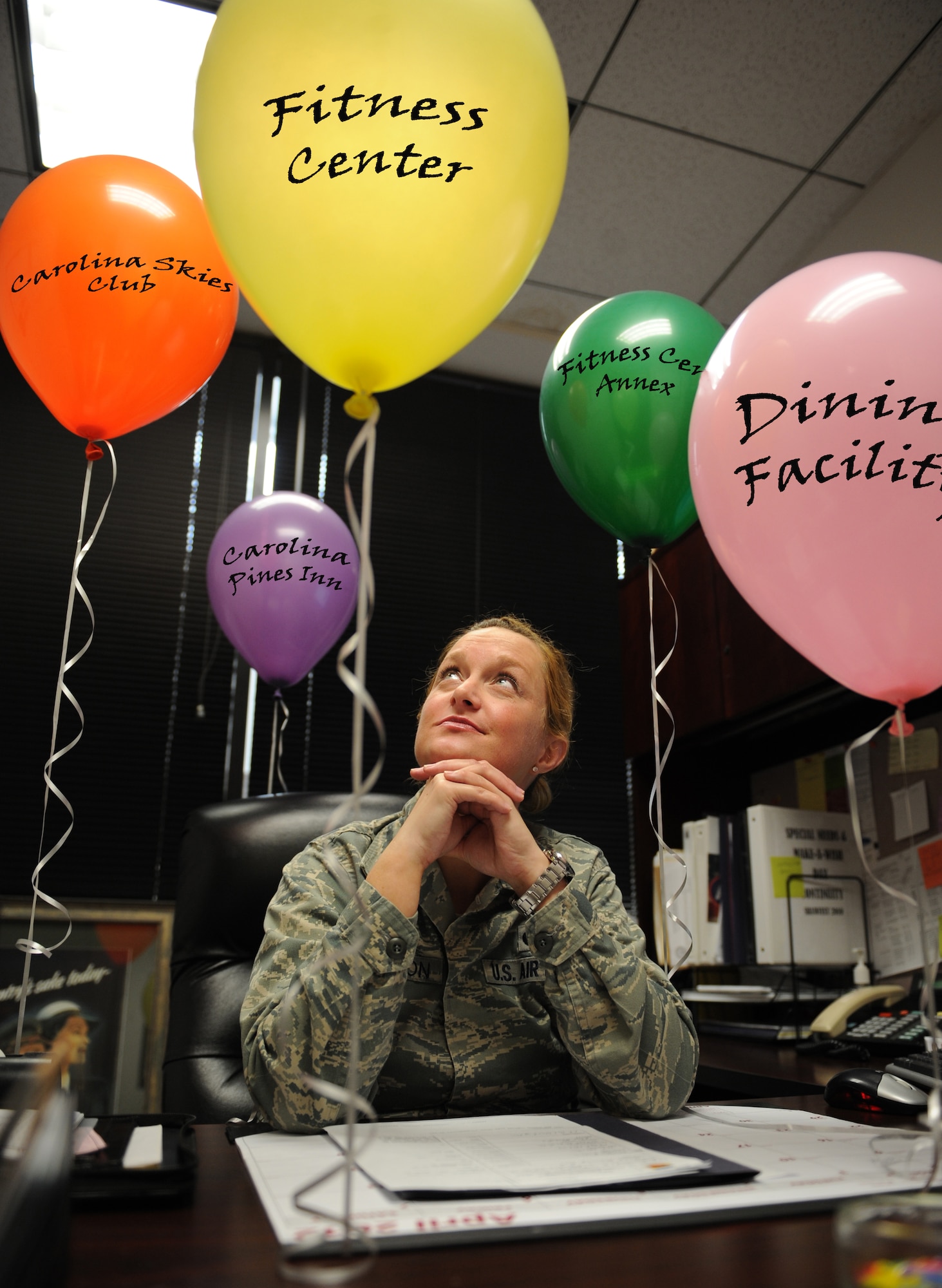 U.S. Air Force 1st Lt. Renea Skelton, 20th Force Support Squadron sustainment services deputy, thinks about what tasks to take on next, at Shaw Air Force Base, S.C., April 3, 2012. Skelton won the AF 2011 Force Support Company Grade Officer of theYear award, for her outstanding performances balancing multiple tasks at different facilities around base. (U.S. Air Force photo illustration by Senior Airman Tabatha McCarthy/released)