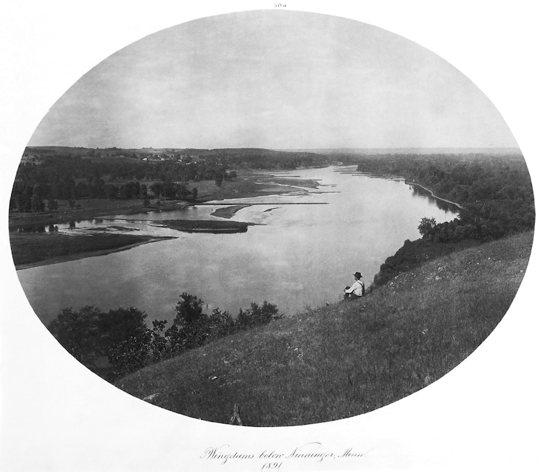This is a view of wingdams on the Mississippi River at Nininger, Minn., in 1891.  In his 1883 book “Life on the Mississippi,” Samuel Clemens wrote, “The military engineers of the Commission have taken upon their shoulders the job of making the Mississippi over again… They are building wing-dams here and there to deflect the current; and dikes to confine it to narrower bounds; and other dikes to make it stay there.”  