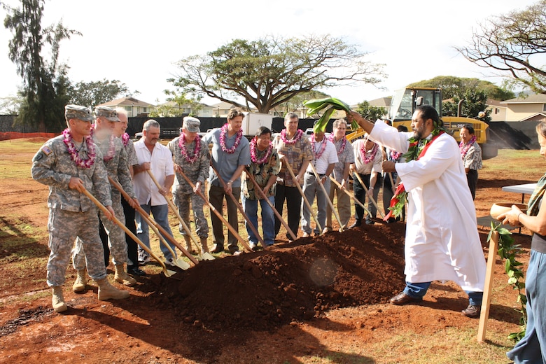 The U.S. Army Corps of Engineers, U.S. Army Garrison-Hawaii and contractor Absher Construction officials broke ground on a new $35.3 million barracks during a traditional Hawaiian blessing ceremony Feb. 23. 