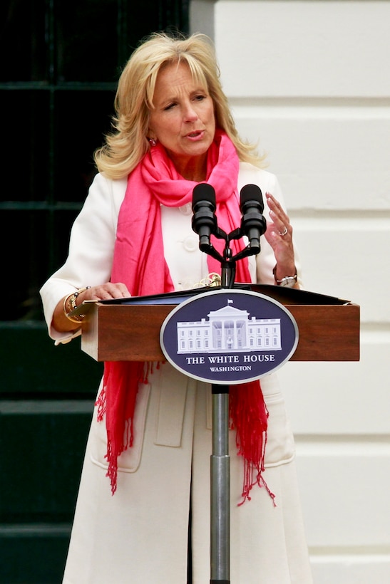 Dr. Jill Biden, wife of Vice President Joe Biden, offers examples of how Americans across the country have supported military families during the event to mark the first anniversary of "Joining Forces" at the White House, April 11, 2012.