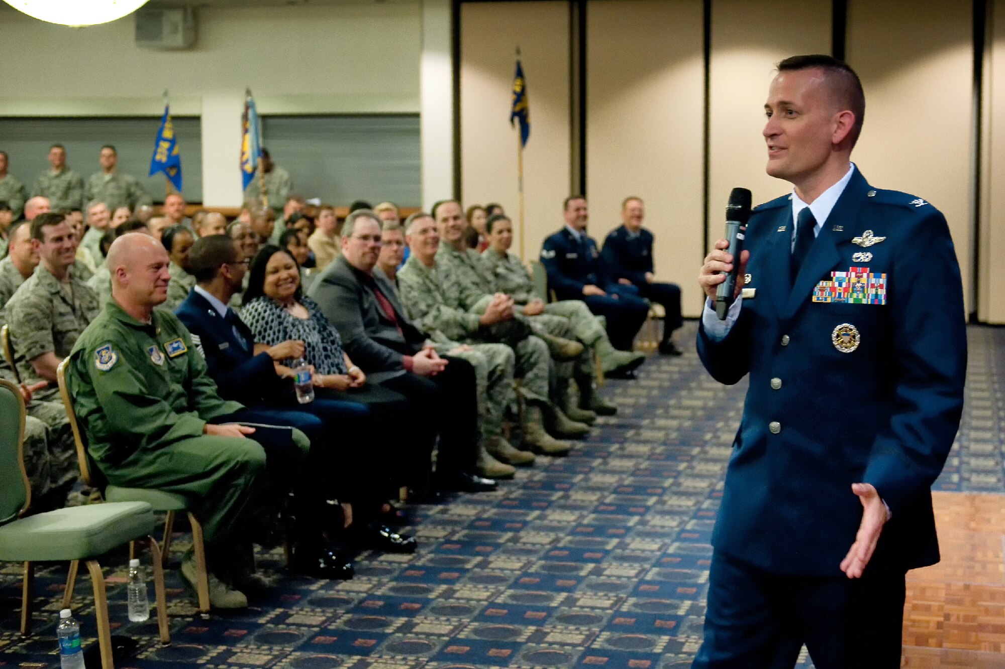 YOKOTA AIR BASE, Japan -- Col. Bill Knight, 374th Airlift Wing commander, gives closing remarks during Team Yokota's First Quarterly Awards ceremony at Yokota Air Base, Japan, April 12, 2012. (U.S. Air Force photo/Osakabe Yasuo)
