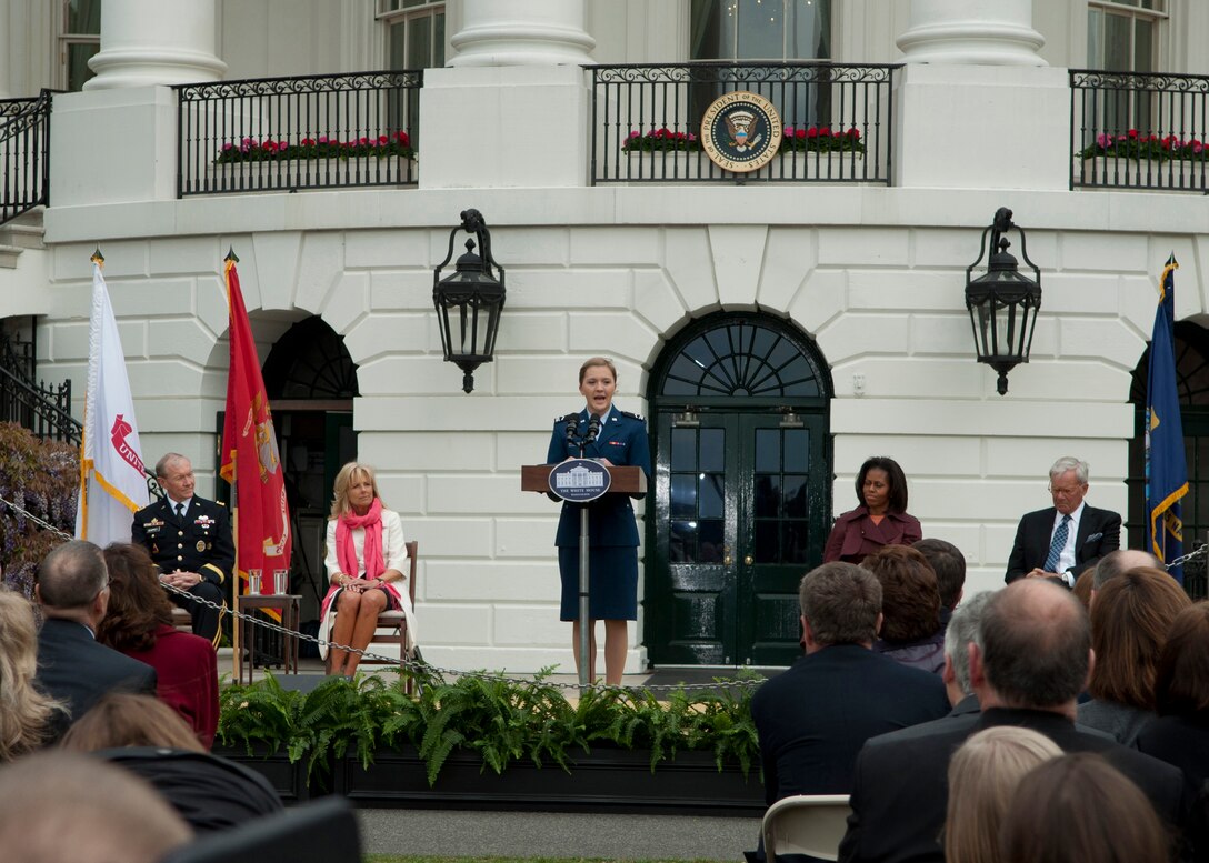 Cadet Staff Sgt. Moranda Hern, Air Force Academy sophomore, speaks as Chairman of the Joint Chiefs of Staff U.S. Army Gen. Martin E. Dempsey; Jill Biden, the vice-president’s wife; First Lady Michelle Obama; and Tom Brokaw, television journalist, listen at the First Anniversary of Joining Forces ceremony on the south lawn of the White House April 11, 2012.  Hern was one of the 20 finalists in the Joining Forces Community Challenge that recognized citizens, communities and organizations for their efforts in supporting military families.  . (Air Force photo by Tech. Sgt. Jess D. Harvey)