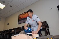 Staff Sgt. Angela Taylor, 359th Medical Group technician, performs CPR during a refresher class April 2 at the Joint Base San Antonio-Randolph, Texas Clinic. (U.S. Air Force Photo by Don Lindsey)