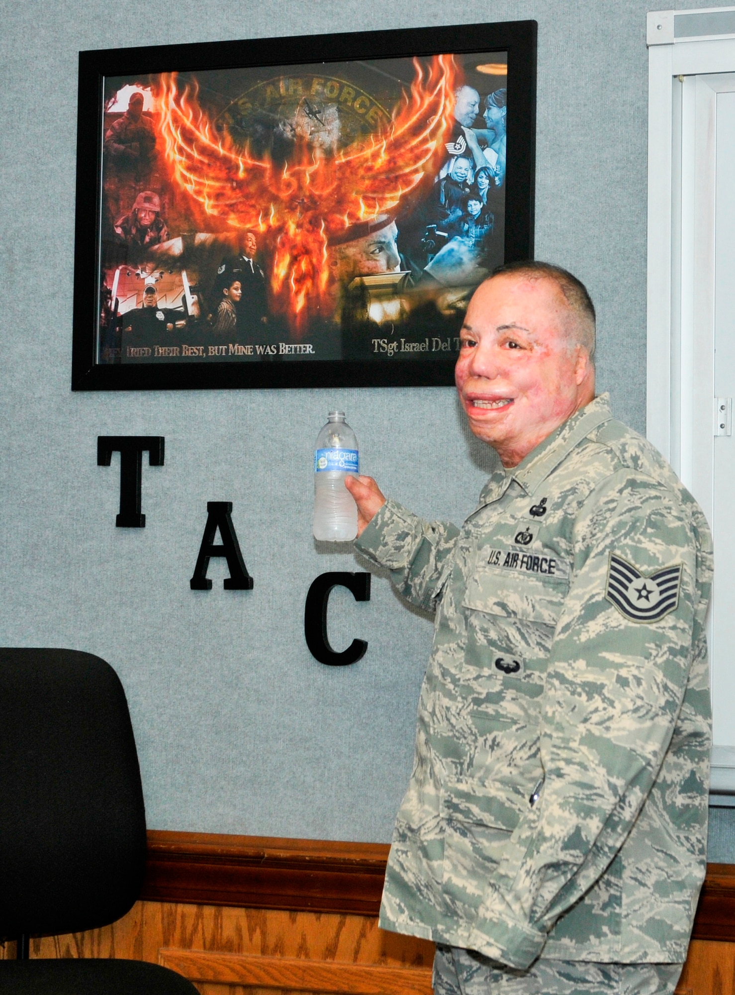 The Airey NCO Academy class 12-3 recently rededicated their Thunderbolt Flight to Technical Sgt. Israel Del Toro, 342nd Training Squadron tactical air control party instructor, Lackland Air Force Base, Texas, the only 100 percent disabled active-duty Airman. (U.S. Air Force photo by Susan Trahan)