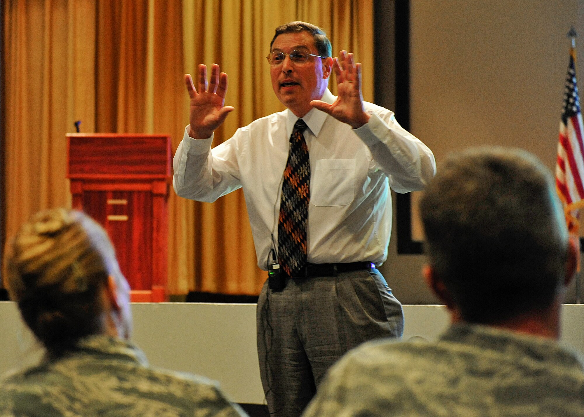 Joseph Procaccino, the legal advisor to the Air Force Surgeon General, briefs values of human life at the annual Medical Ethics and Law Symposium April 11 at the Eglin Enlisted Hall. Subject matter experts from Washington D.C. discussed medical ethics, patient relations and lessons learned from previous medical malpractice. The other speakers were Eric Israel, the deputy chief of the medical law branch and Meghan Snide, the chief risk manager of the Air Force. (U.S. Air Force photo/Randy Gon)