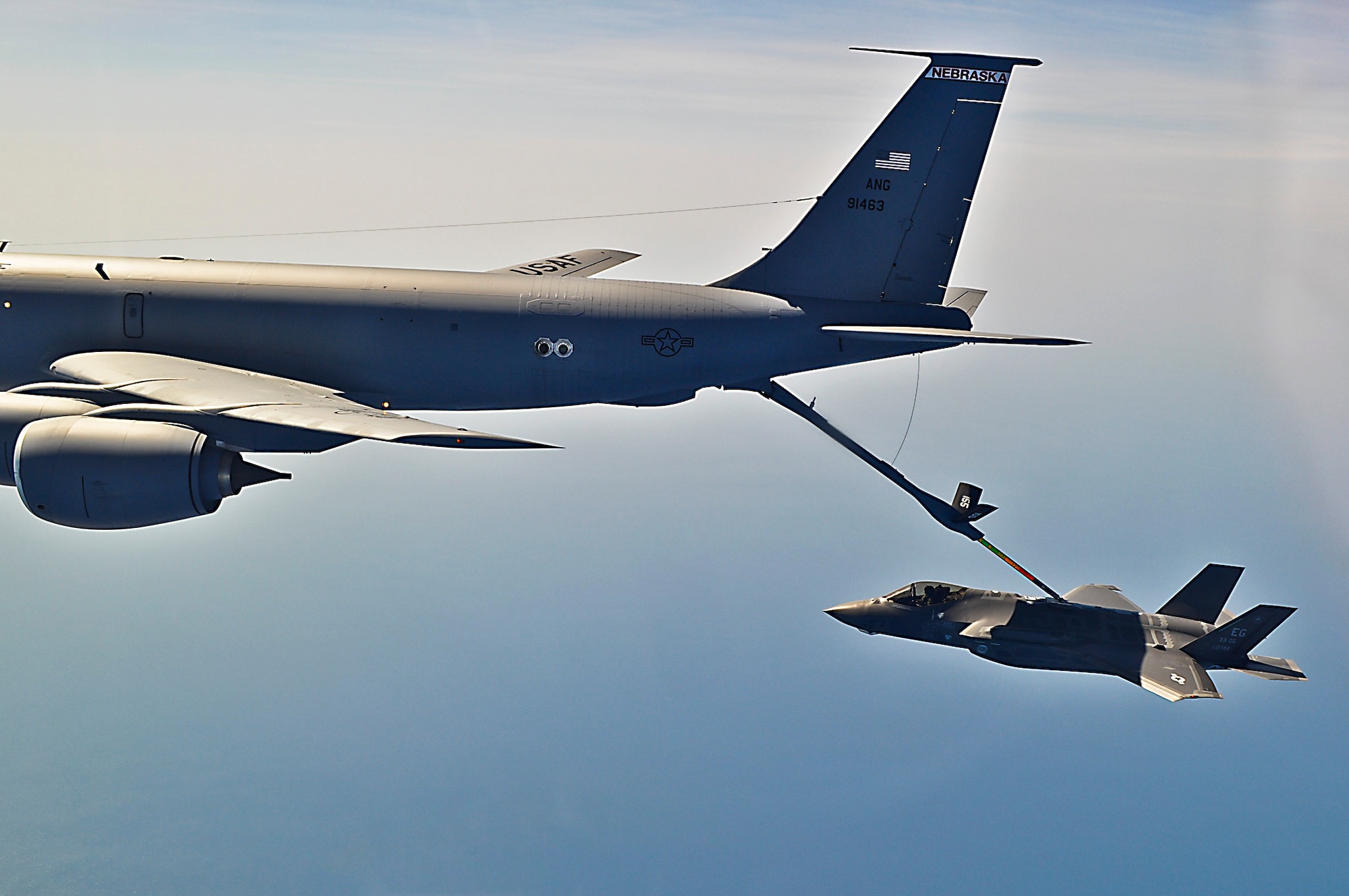 Lt. Col. Eric Smith, 58th Fighter Squadron director of operations, connects his F-35A Lightning II with a KC-135R Stratotanker from the 155th Air Refueling Wing, Neb., during  the first joint strike fighter air-to-air refueling accomplished by the 33rd Fighter Wing April 11.  Smith also used the flight to maintain his refueling currency and proficiencies received while certifying to be the Air Force’s first F-35A pilot last summer.  The 33rd FW is responsible for F-35 A/B/C pilot and maintainer training for the Marine Corps, Navy, Air Force, and in the future, at least eight coalition partners.  (U.S. Air Force photo/Capt. Casey Smith)