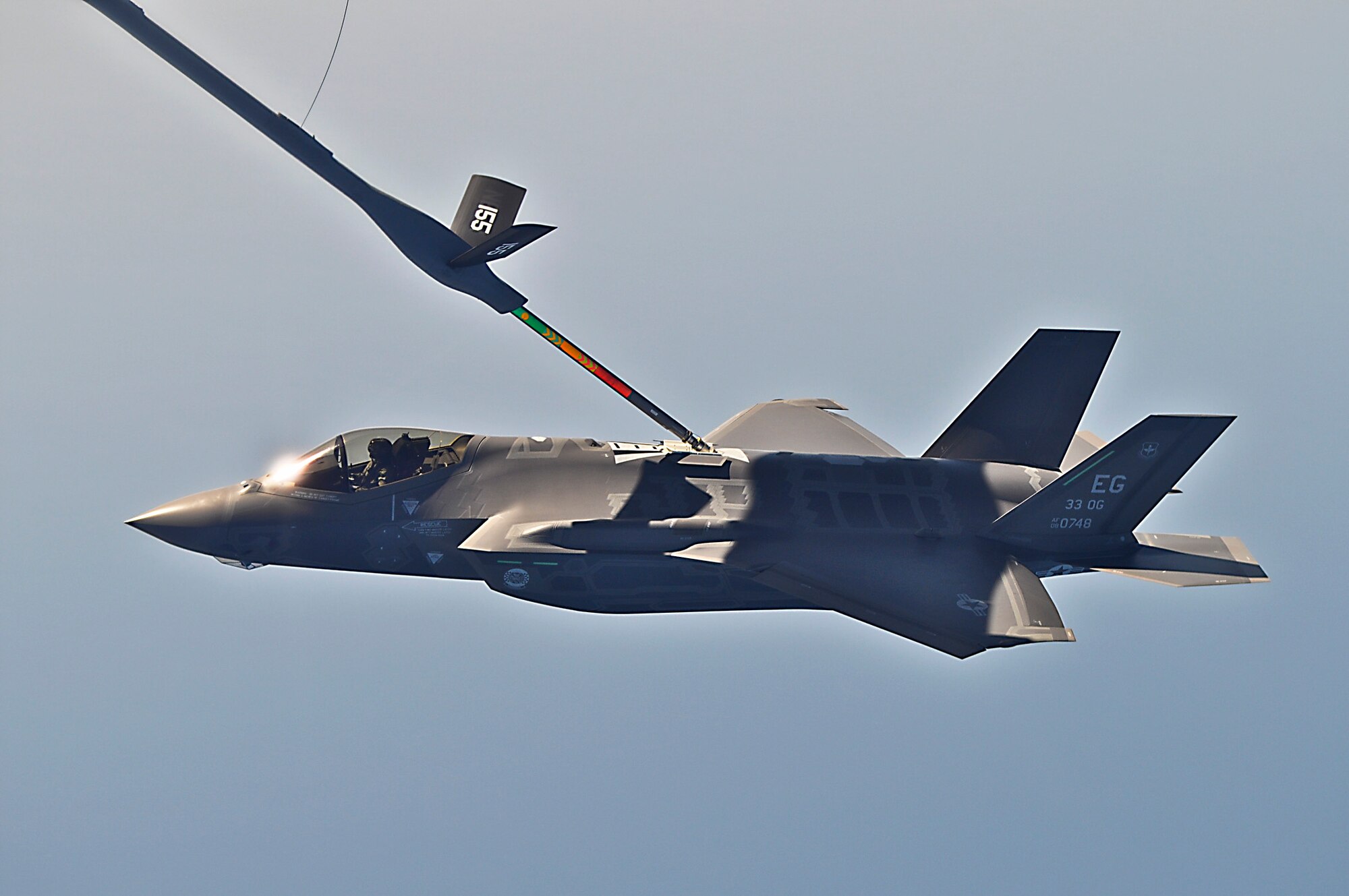 Lt. Col. Eric Smith, 58th Fighter Squadron director of operations, connects his F-35A Lightning II with a KC-135R Stratotanker from the 155th Air Refueling Wing, Neb., during the first joint strike fighter air-to-air refueling accomplished by the 33rd Fighter Wing April 11.  Smith also used the flight to maintain his refueling currency and proficiencies received while certifying to be the Air Force’s first F-35A pilot last summer.  The 33rd FW is responsible for F-35 A/B/C pilot and maintainer training for the Marine Corps, Navy, Air Force, and in the future, at least eight coalition partners.  (U.S. Air Force photo/Capt. Casey Smith)