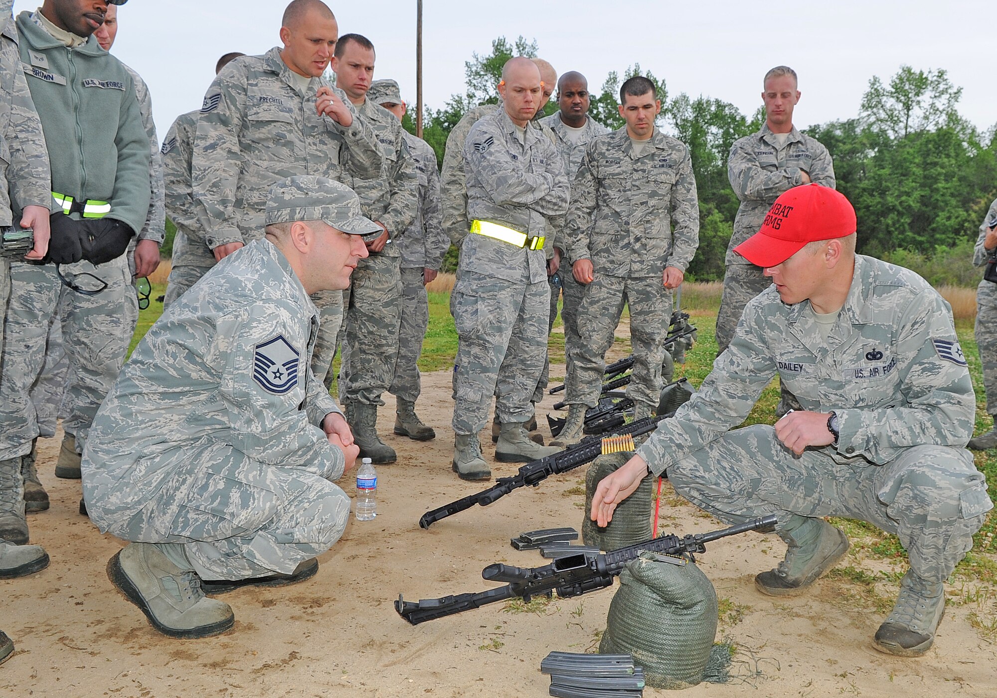 U.S. Air Force Staff Sgt. Tommy Dailey instructs Airmen on how to properly zero their weapons at Howell Woods Firing Range in Smithfield, N.C., April 9, 2012.  After arriving at their deployed location each Airman will have to zero their weapon again so their rifles are adjusted correctly according to the elevation of the new location. Dailey, 4th Security Forces Squadron combat arms instructor, hails from De Soto, Ill. (U.S. Air Force photo/Senior Airman Gino Reyes/Released)