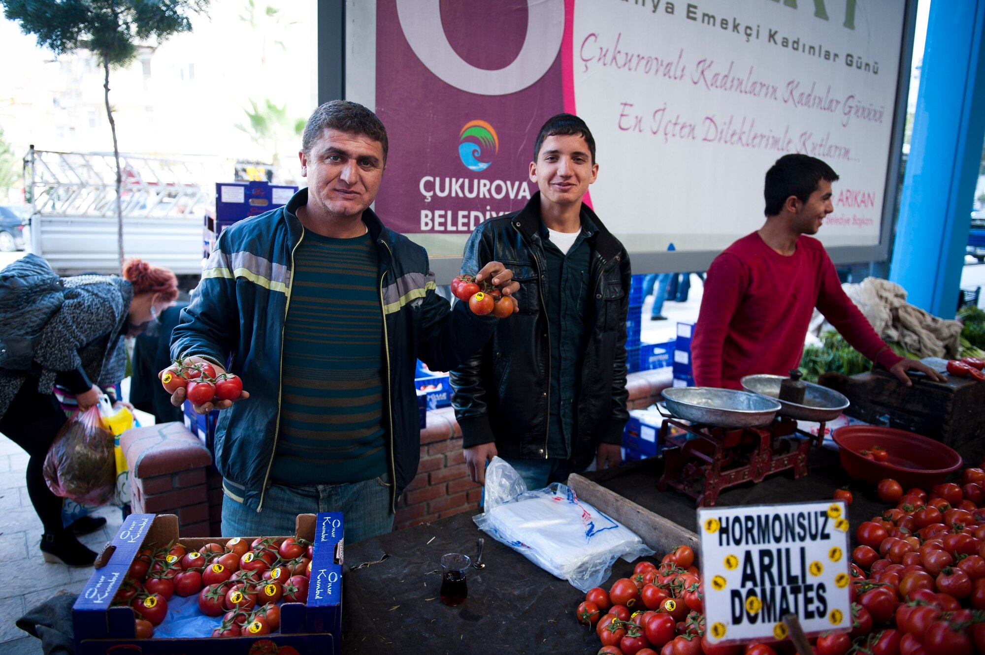 Vendors display their tomatoes at a farmers market March 8, 2012, in Adana, Turkey. The fertile soil around Adana allows farmers to grow many types of produce, keeping prices low and fruits and vegetables fresh. (U.S. Air Force photo by Tech. Sgt. Michael B. Keller/Released)