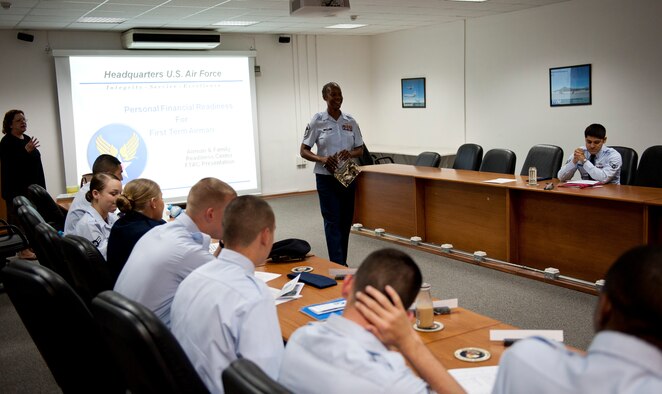 Senior Master Sgt. Ouida Daniels, 39th Force Support Squadron career advisor, briefs first-term Airmen April 9, 2012 at Incirlik Air Base, Turkey. As the career advisor, Daniels helps Airmen make informed decisions regarding their Air Force careers. (U.S. Air Force photo by Senior Airman William A. O'Brien/Released) 