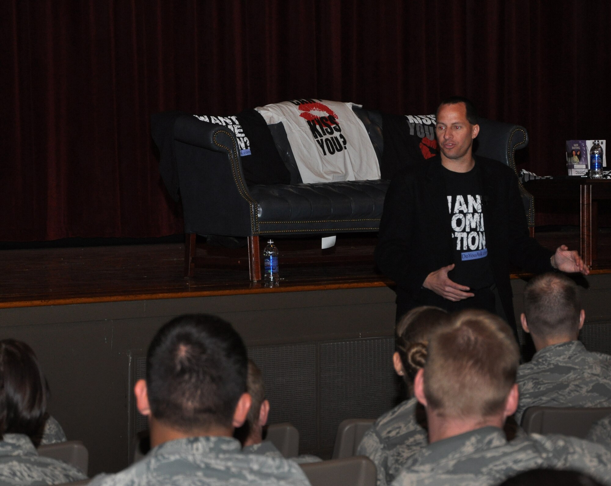 Mike Domitrz, author, speaker and founder of the Date Safe Project, talks about the importance of asking first with Airmen as part of his "Can I Kiss You?" presentation, April 11, 2012, at Little Rock Air Force Base, Ark. The presentation was part of Sexual Assault Awareness and Prevention month on base. (U.S. Air Force Photo by Staff Sgt. Jacob Barreiro)