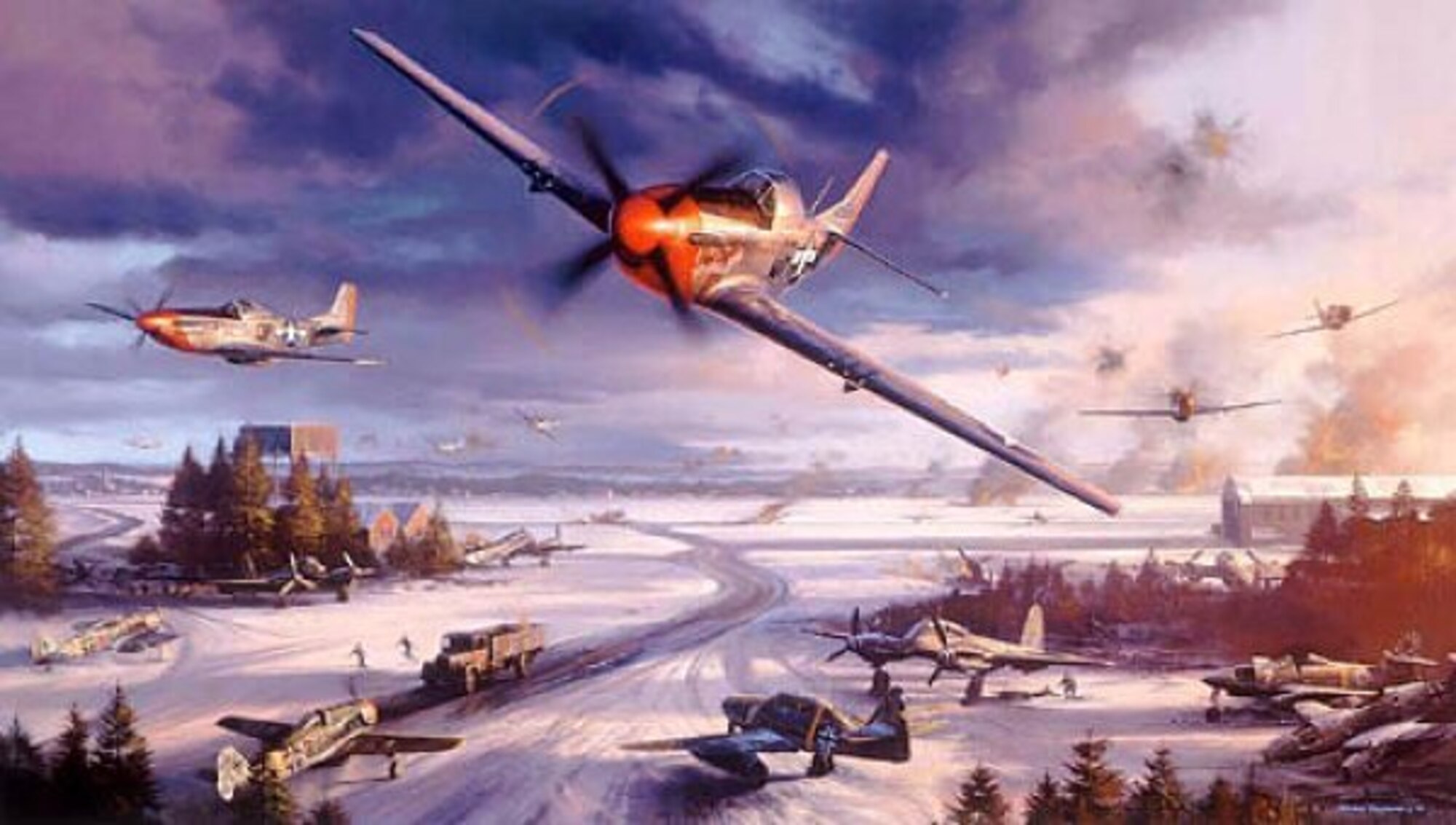 This painting titled “Mustang Mayhem” by Nicolas Trudgian depicts aircrew members from the 4th Fighter Group in action after 8th AF leadership dispatched 1,252 bombers and 913 fighters to find and destroy the Luftwaffe, April 16, 1945. By day’s end the Airmen had destroyed 752 German aircraft, almost all on the ground in strafing attacks. Crews from the 4th FG took out 105 of these destroyed enemy aircraft. (Painting by Nicolas Trudgian)