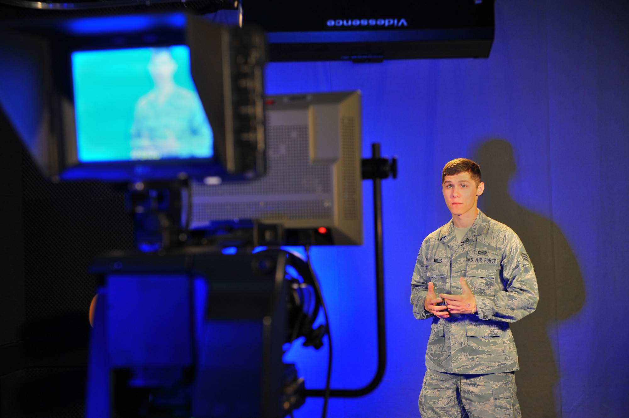 SPANGDAHLEM AIR BASE, Germany – Senior Airman Evan Mills, Spangdahlem American Forces Network, is the Super Saber Performer for the week of April 12 – 18. (U.S. Air Force photo by Airman 1st Class Dillon Davis/Released)