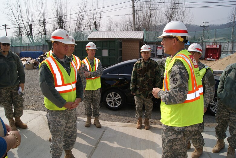 Col. Donald E. Degidio, Jr. (right), U.S. Army Corps of Engineers Far East District commander, briefs Col. Gregory Gunter (left), Deputy POD Commander, during Key Resolve 2012.