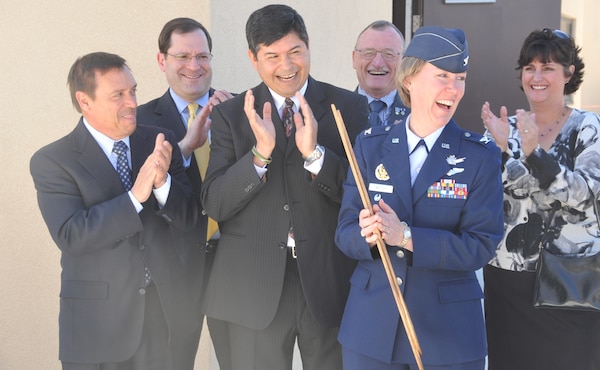 KIRTLAND AFB, N.M.,- Pictured (left to right): John Garcia, director of economic development, City of Albuquerque; Thomas Berardinelli, director of staff, 377th Air Base Wing; John Moreno, chief of Engineering and Construction, U.S. Army Corps of Engineers; Roger Newell, veterans affairs liaison, City of Albuquerque; Col. Carol P. Welsch, acting director, Space Development and Test Directorate; and Leah Moran, wife of Col. Moran, director, Space Development and Test Directorate, who is deployed to Afghanistan. 