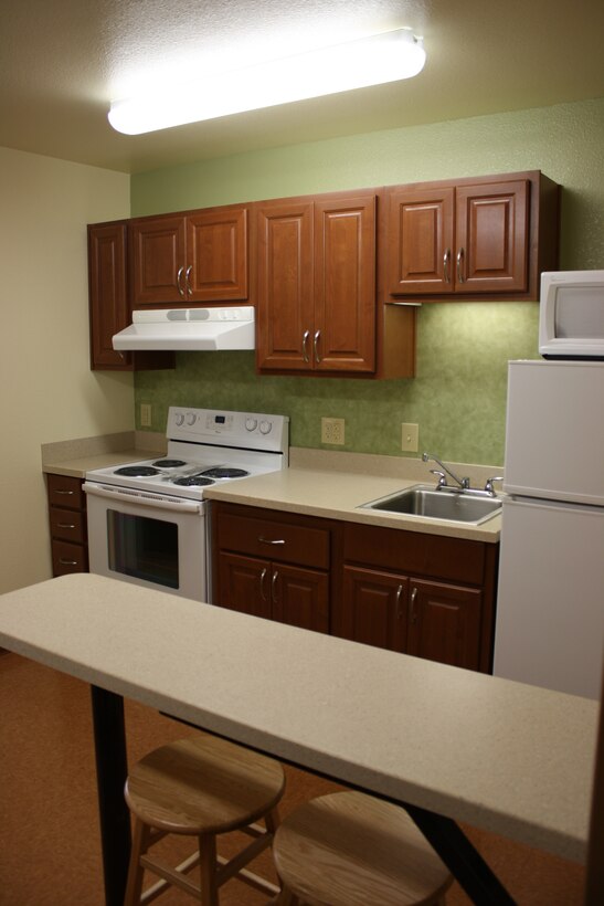 A view of the kitchenette in one of the rooms in the New Barracks Complex on Schofield Barracks’s Lyman Road that officially opened in late December.