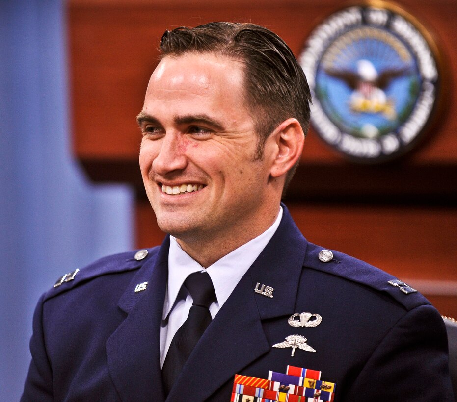 Air Force Capt. Barry F. Crawford Jr. smiles during a press briefing at ...