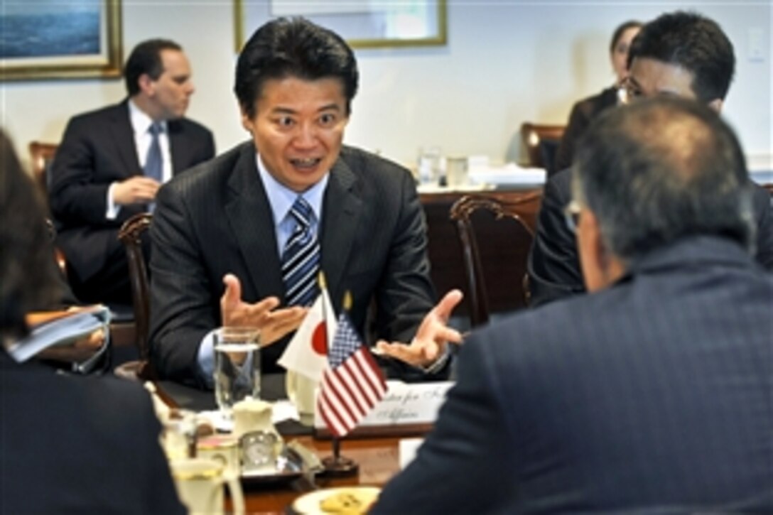 U.S. Defense Secretary Leon E. Panetta meets with Japanese Foreign Minister Koichiro Gemba at the Pentagon, April 12, 2012. The two leaders discussed issues of mutual concern.