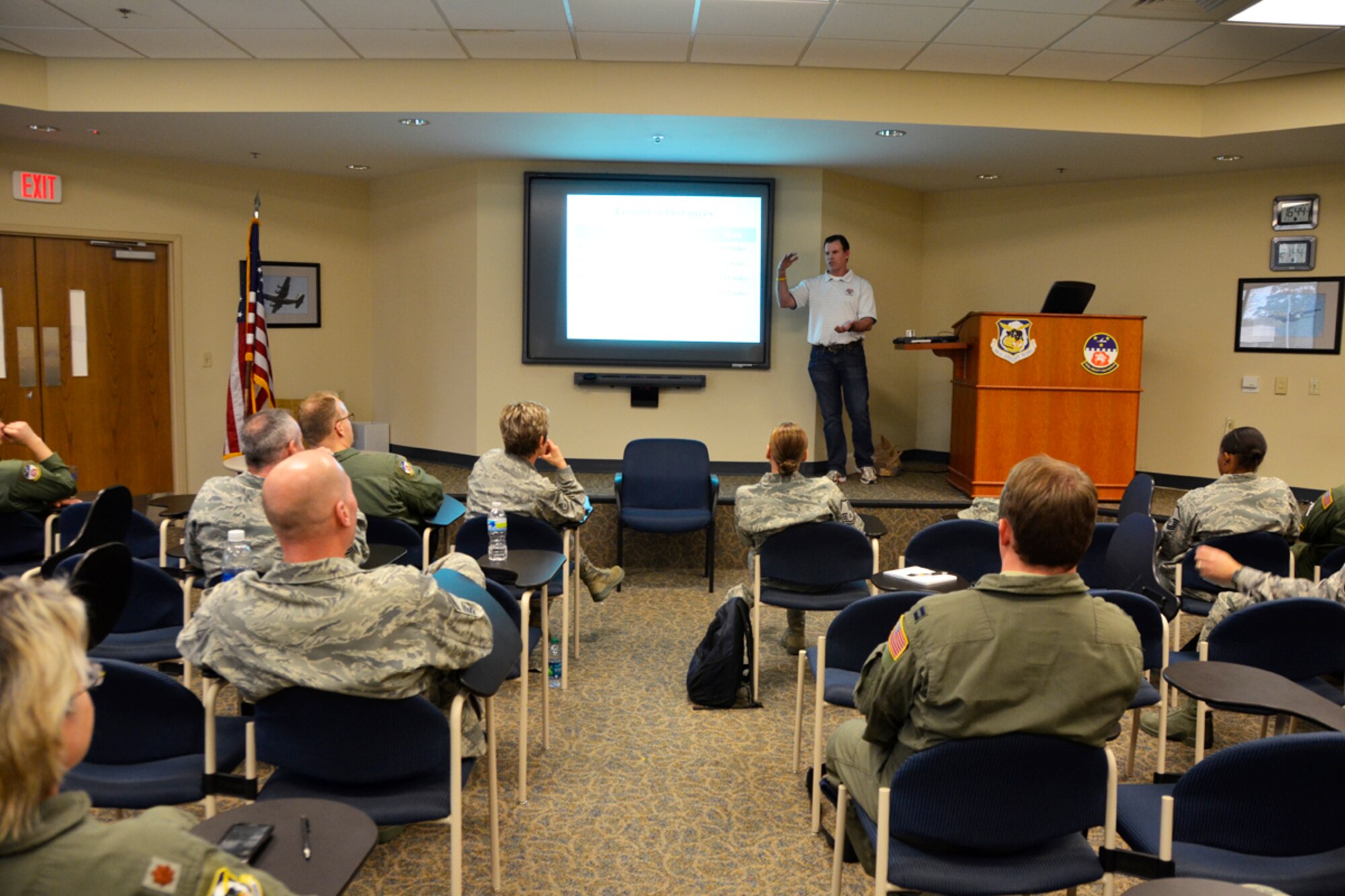 Jim Boylan, PhD, founder of Atlanta Triathlon Club and owner of Triathlon Coaching Services, LLC, attended the Dobbins Top 3 meeting March 3, at the 700th Airlift Squadron Auditorium. “Exercise is a way of life,” said Boylan. “Your fitness training should be a five-step process. Pick your target, set your goals, develop your training plan, follow that plan and track your progress.” (U.S. Air Force photo/Master Sgt. James Branch)