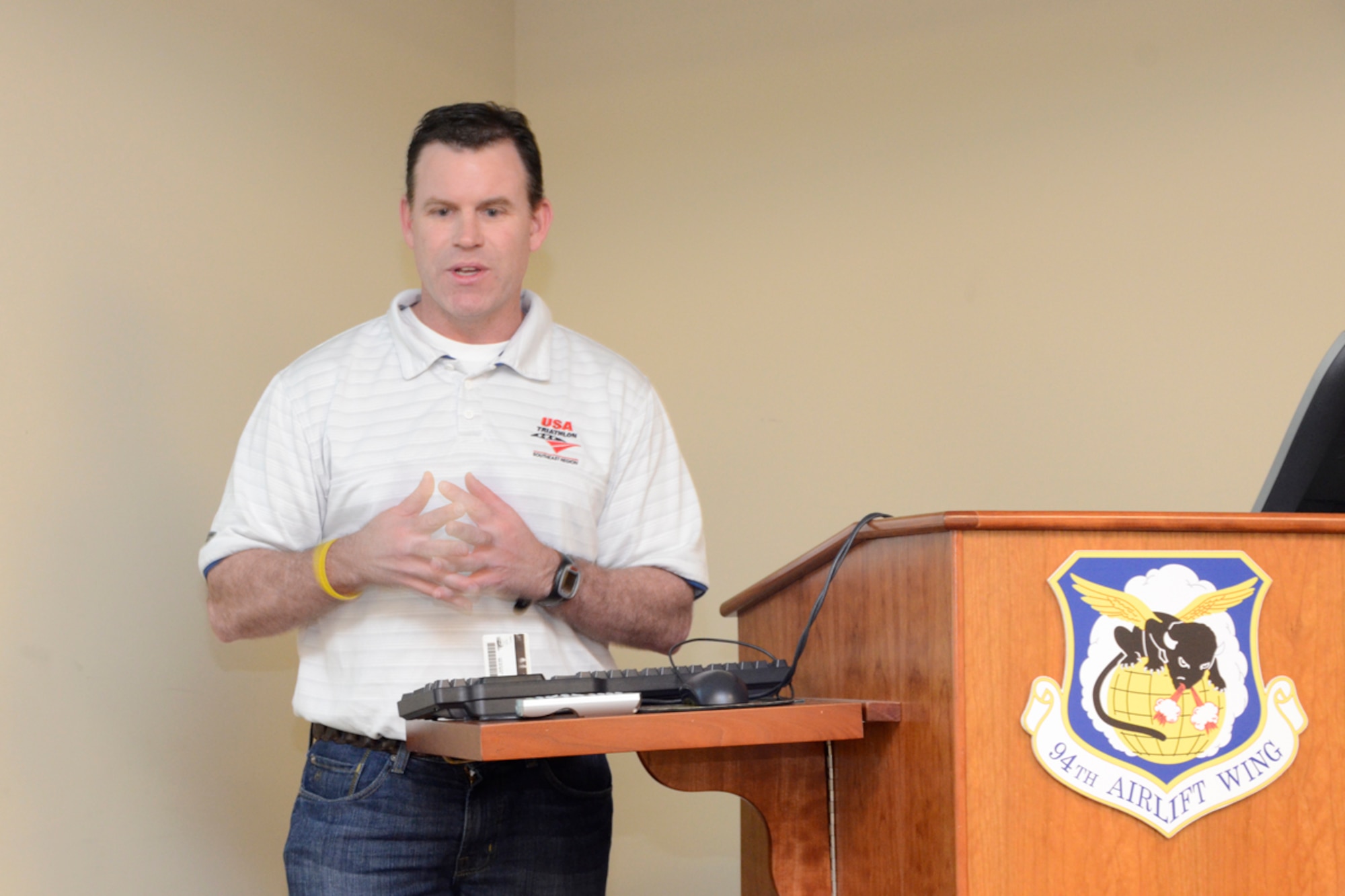 Jim Boylan, PhD, founder of Atlanta Triathlon Club and owner of Triathlon Coaching Services, LLC, attended the Dobbins Top 3 meeting March 3, at the 700th Airlift Squadron Auditorium. “Exercise is a way of life,” said Boylan. “Your fitness training should be a five-step process. Pick your target, set your goals, develop your training plan, follow that plan and track your progress.” (U.S. Air Force photo/Master Sgt. James Branch)